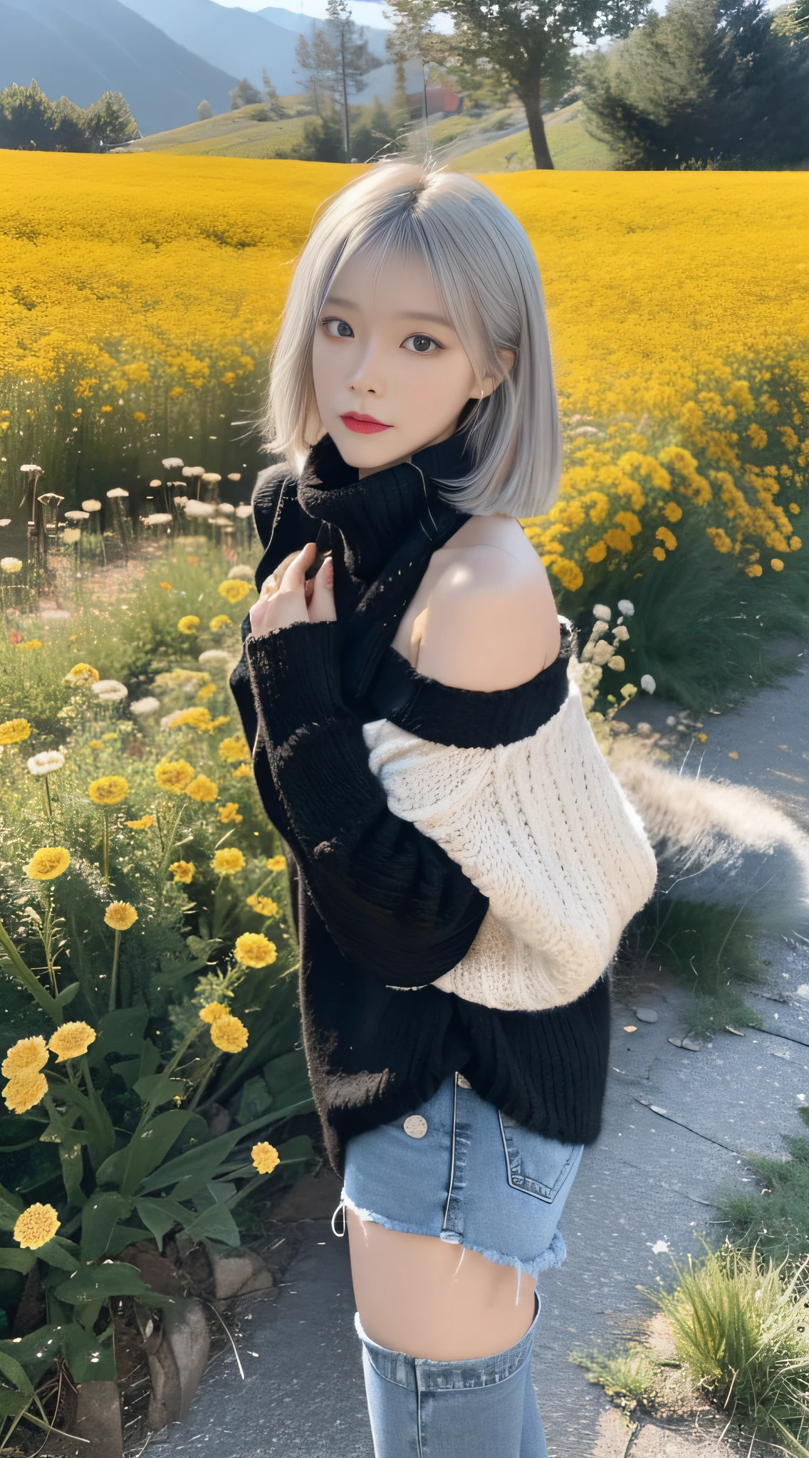(true to life,Photorealistic 1.5),((best qualtiy, 8K, tmasterpiece:1.3)), (二重まぶた,largeeyes:1.3),(The expression is pitiful 1.5),(Full body photo 1.5)(Aggrieved expression 1.5)Clear focus 1.2, Perfect body beauty:1.4 , Delicate skin1.1,(Silvery-white hair 1.2),(Delicate facial features1.4),(Pure desire 1.3)Black one-shoulder sweater,denim short,Knee-length black stockings,Standing on the ground among the flowers scattered over the mountains,(Flowers all over the ground 1.5)