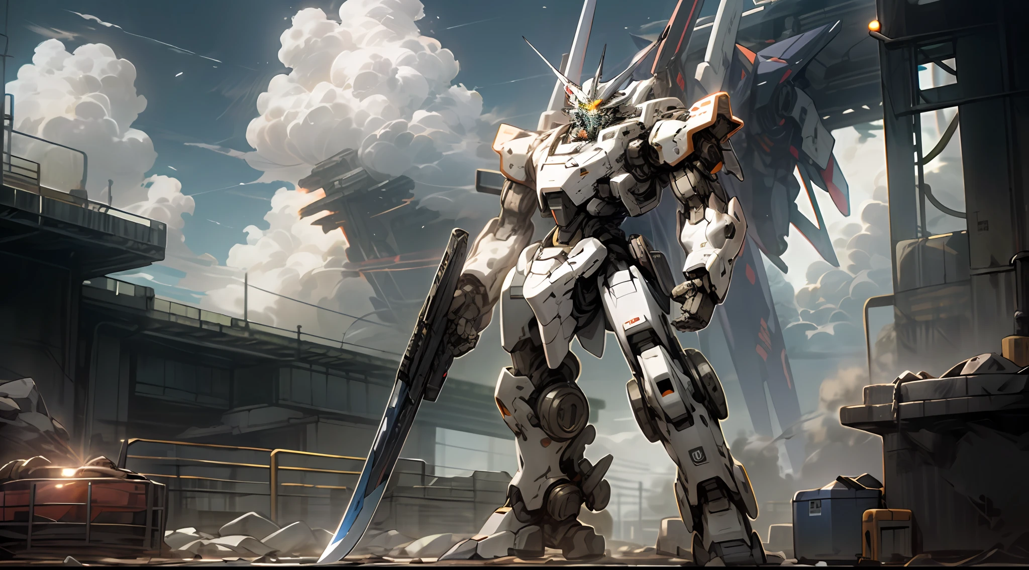 Skysky，​​clouds，holding_weapon，no_humans，with light glowing，，droid，buliding，glowing_eyes，mecha，scientific fiction，城市，Realistis，mecha，A weapon to shine，There can be very small soldiers，The background and mecha must be very sci-fi