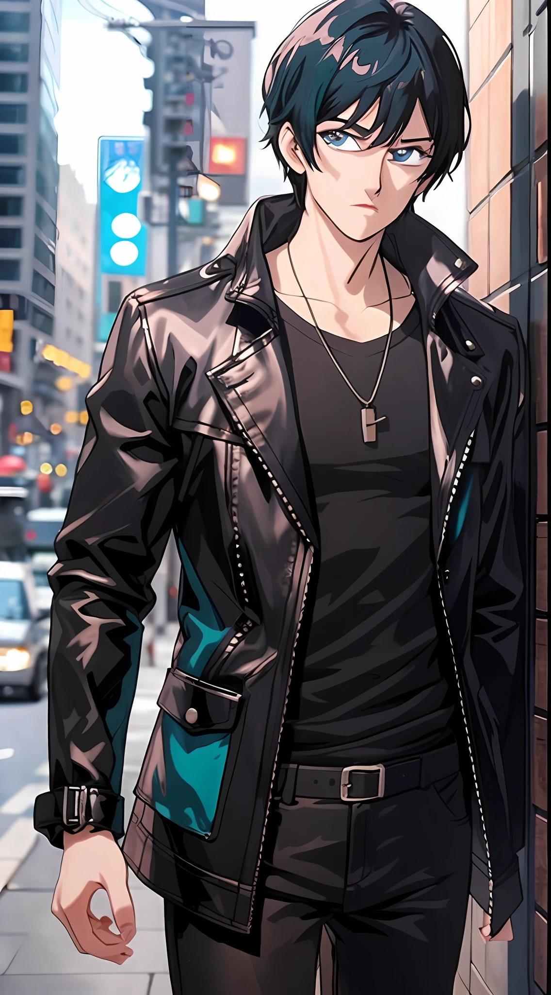 close-up of a man in a jacket and necklace, handsome anime pose, Anime handsome, Tall anime guy with blue eyes, Men's Anime Style, handsome guy in demon slayer art, Anime Artstyle Trigger, Young anime man, realistic art style, Male anime character, key anime art, based on Ito Ogura Yonesuke, anime realism style