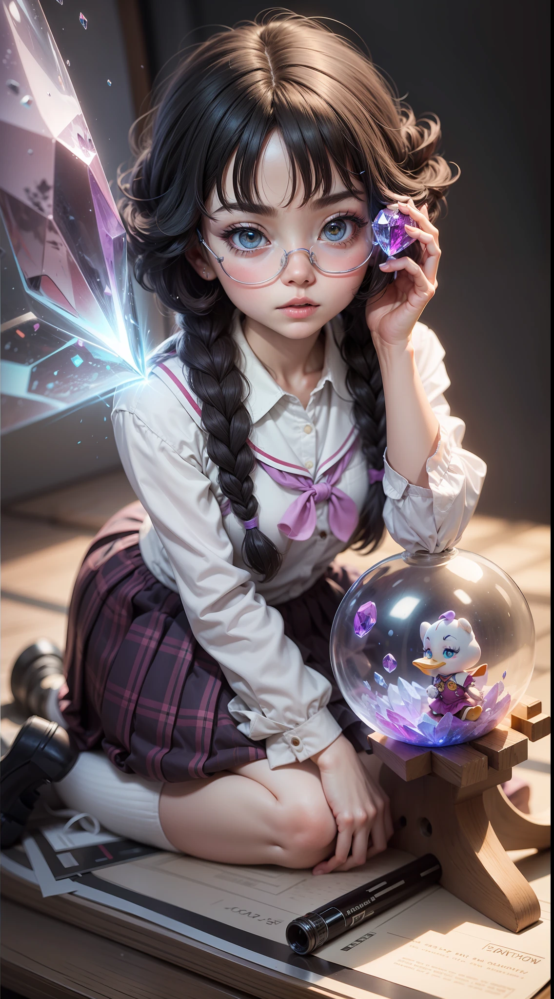 Q version of cute beautiful girl,Dumb cute,duck sitting,(Big eyes),Small mouth,(((with short black hair,Braid))),looking at me,(JK school uniform,Meticulous portrayal),((Figures,blindbox)),((Colloidal material,crystal-clear,Good light transmission)),(Disney style),high qulity,high detal,(super-fine),16K resolution,(Overlooking),(Macro lens),((Works of masters)),((Full body like)),((solid color backdrop)),pink lighting,(((Round thick base:1.3,Graphical model basics))),(Ray traching),((Blue and purple majority)),(((glass cover)))