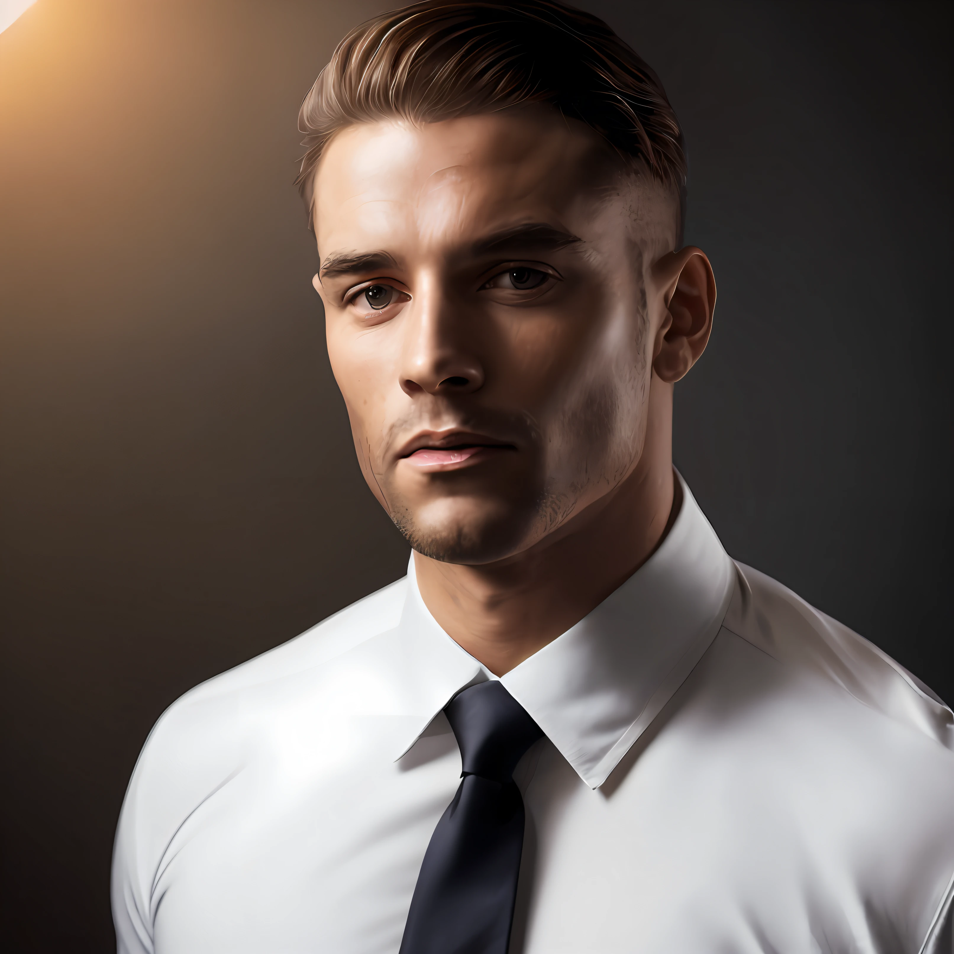 1man, a 30 year old muscular male, wearing a long sleeve white shirt and tie, upper body, soft lighting, masterpiece, best quality, 8k ultra hd, dslr camera, film grain, photorealistic drawing by Midjourney and greg rutkowski for Fujifilm XT3 Art --auto