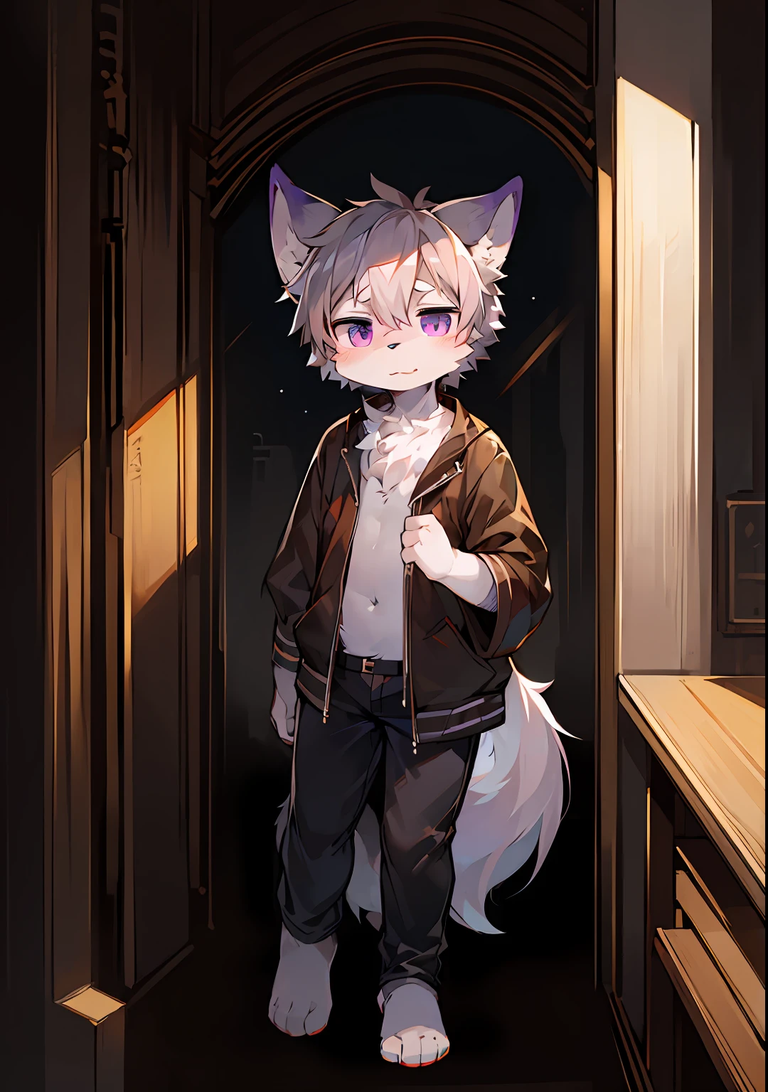1boy, shota, (HD quality, masterpiece level), fresh and cold age characters, wolf ears and wolf tail highlight the character's sense of belonging, blue eyes and dark gray hair echo each other, the clean lines of the white-gray military trench coat show the character's modesty and confidence, brown scarf and black boots are rigid and soft, as if ready to go. The whole picture is simple and atmospheric, and the high and cold temperament is respectful. No background, white screen, slightly toned, HD, masterpiece, white background, dark gray hair, blue eyes, (wolf ears), (wolf tail), slim white-gray military trench coat, no hood, brown scarf, black boots, one tail, littvering ears, hair covering ears