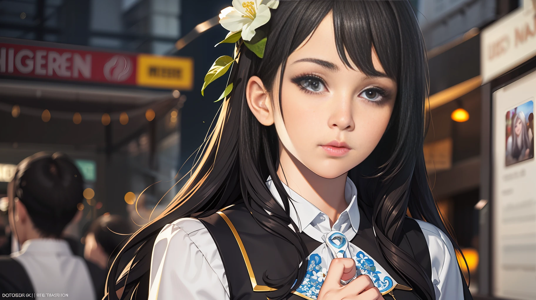 1girl,Sweet girl, princes,college uniform, Natural, Elegant,Cute,(perfect big eyes:1.2),black long hair,Perfect nose, small chest, holding flowers,extreme hand details,cute,(at the night market),RAW,16k,(masterpiece:1.5), best quality, intricate details,ultra highres,extremely detailed, wallpaper,Unreal 5 Engine ,ray tracing,Artstation extreme artistic detail,dynamic lighting,extremely detailed,(photorealistic:1.5),sharpen,depth of field, complex 3d render ultra detailed,octane render,Completed facial features,