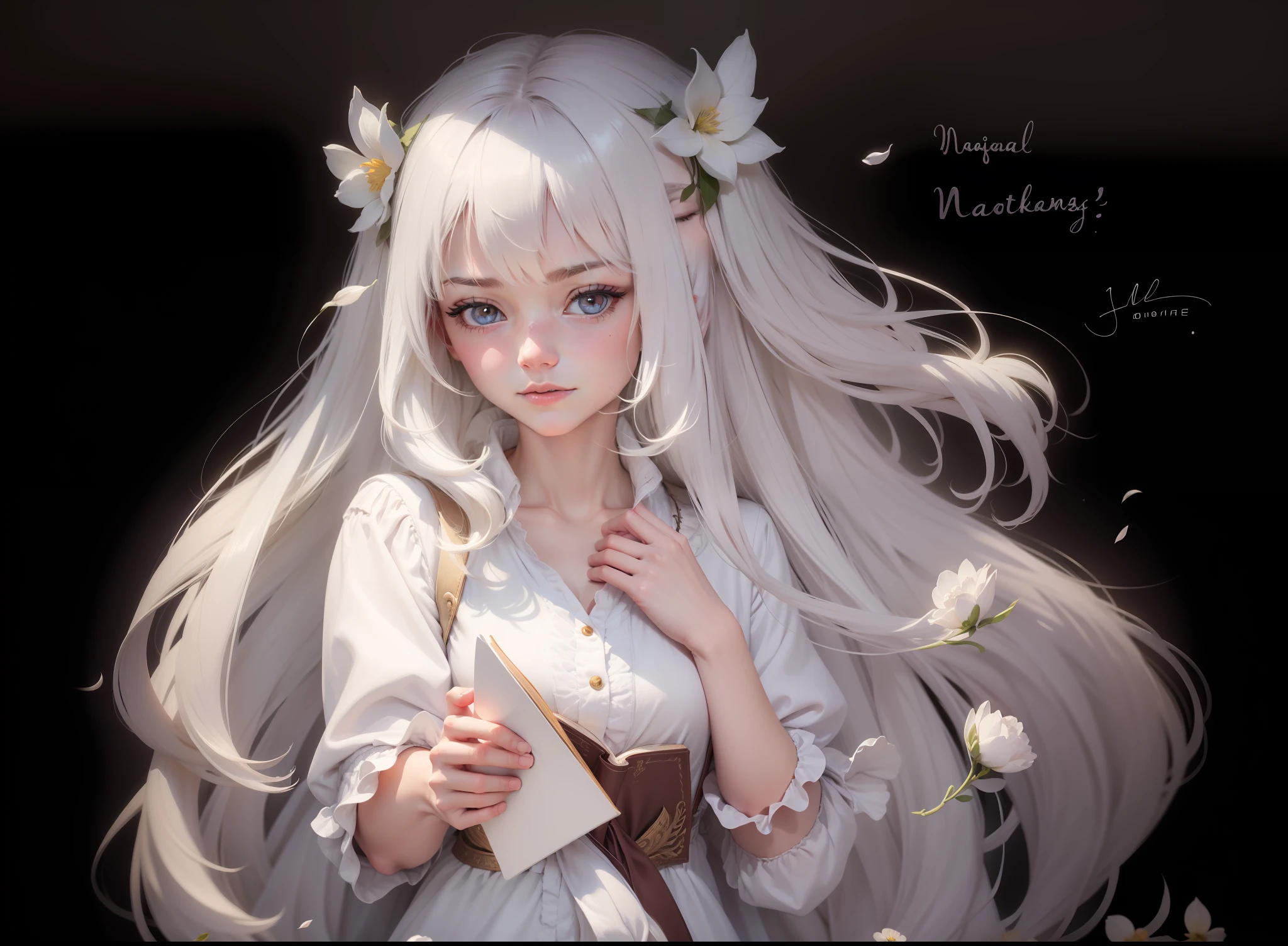 White-haired girl，Holding white flowers and a magic book in his hand