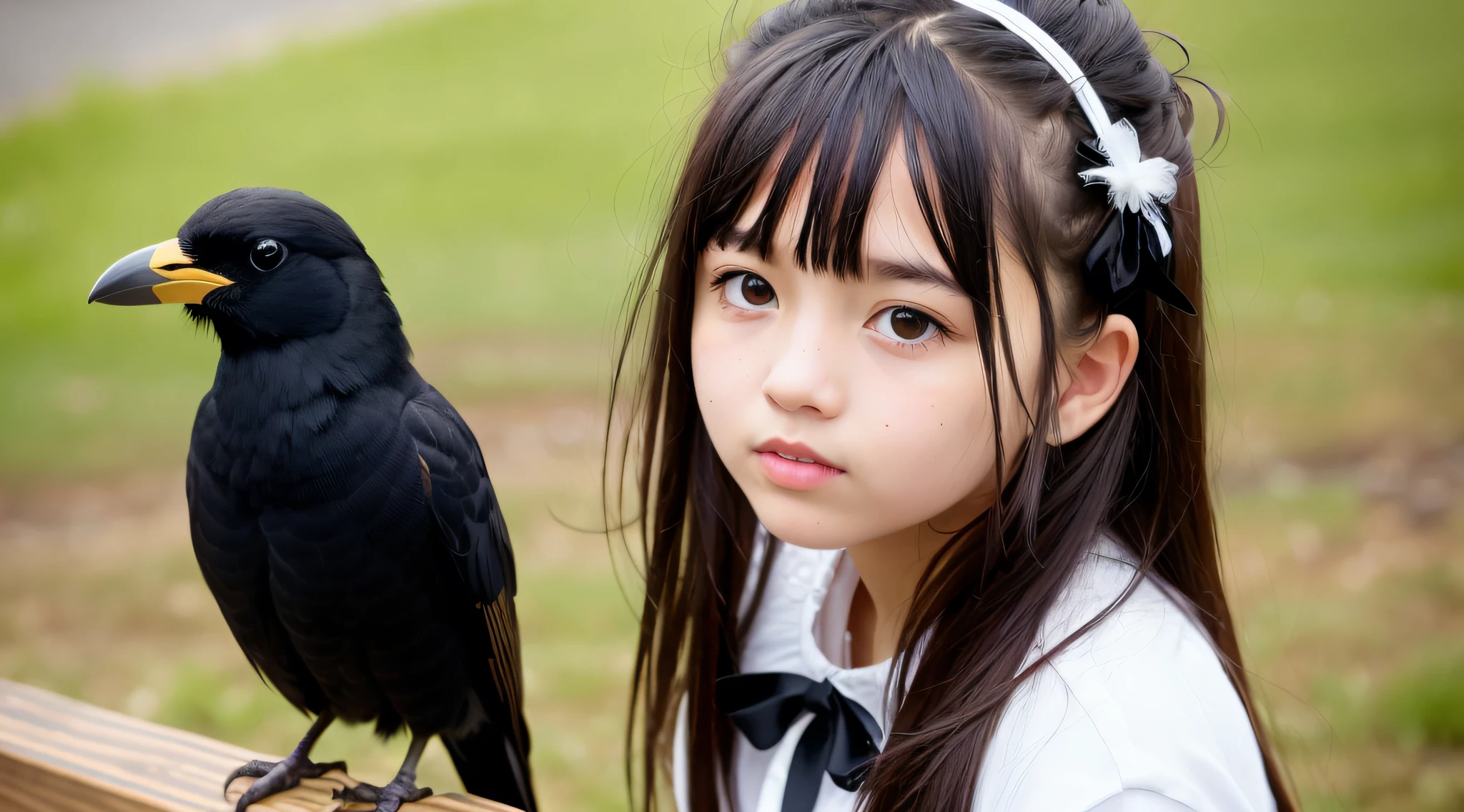 CHILD girl with a black bow and a black dress, girl with dark brown hair, girl with brown hair, black hair ribbons, a beautiful -age l, wearing hair bow, young girl, brown hair and big eyes, half-length photo, photo of young woman, young, beautiful girl, she is about 1 6 years oe is a black bird sitting on a wooden rail, long shiny thick black beak, closeup of a crow, cute crows, crows as a symbol of death, crow, crow bird, magpie, crow portrait!!!, black crow, dark crow, is looking at a bird, crows, male, crow, beautiful photo, closeup portrait shot, proud looking away, by Paul Bird