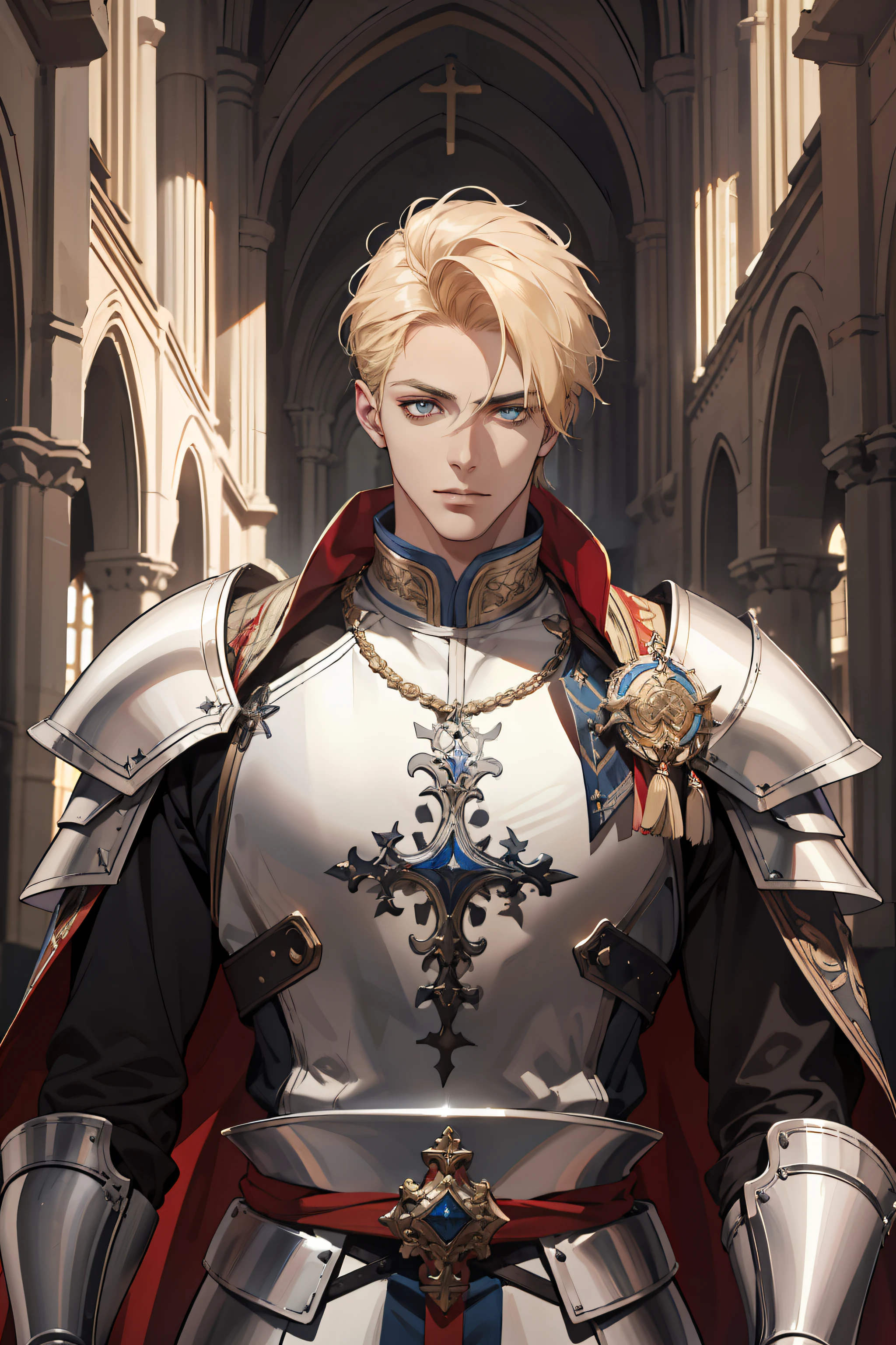 (absurderes,A high resolution,ultra - detailed),1male people,king arthur,AS-Adult,handsome,Tall muscular man,a broad shouldered,Fine and detailed eyes and detailed face,Short blonde hair,cavalier,armour,With a big sword,sankta,cathedrals,religion,exalted,battlefiled