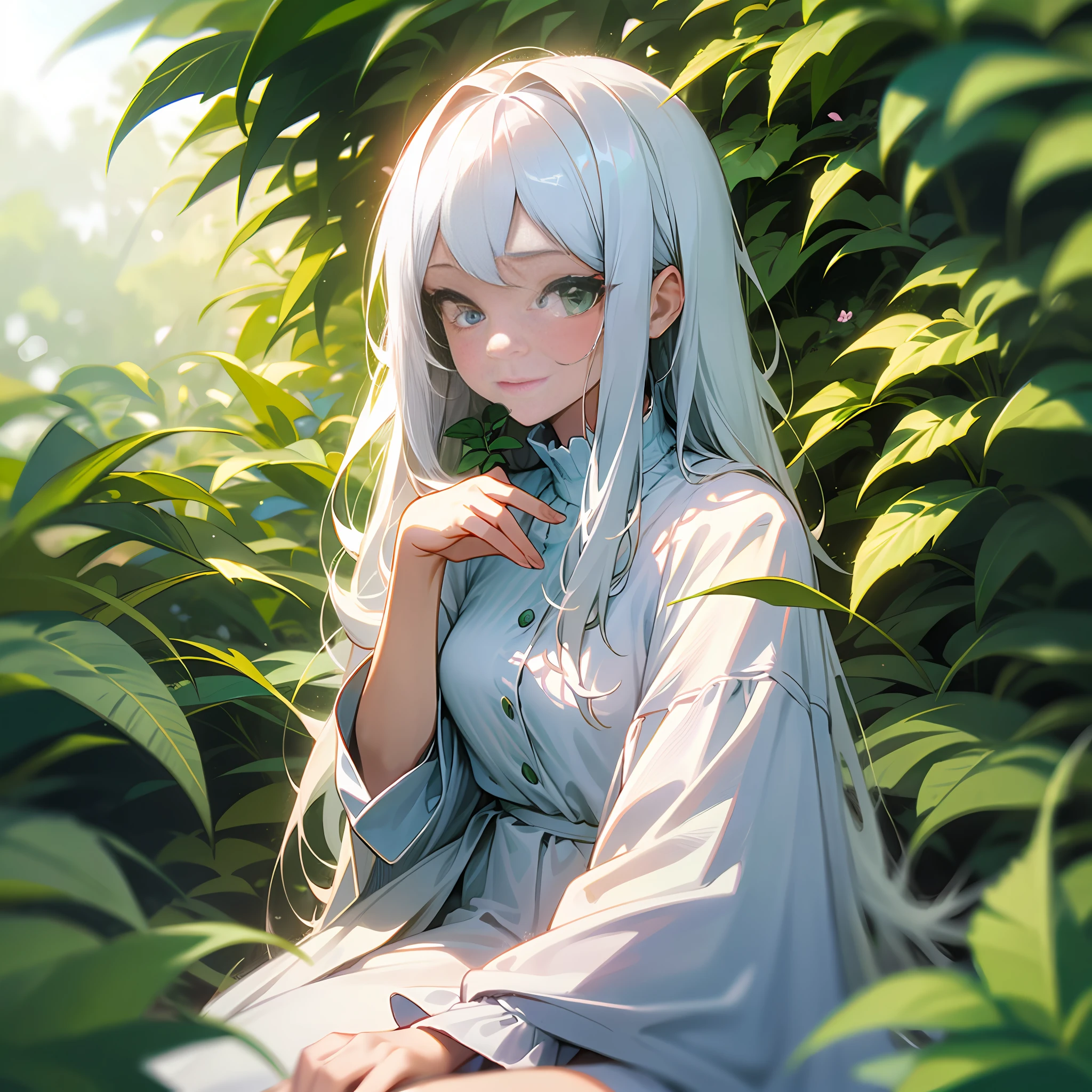 (masterpiece, best quality),1girl with long white hair sitting in a field of green plants and flowers, her hand under her chin, warm lighting, white dress, blurry foreground