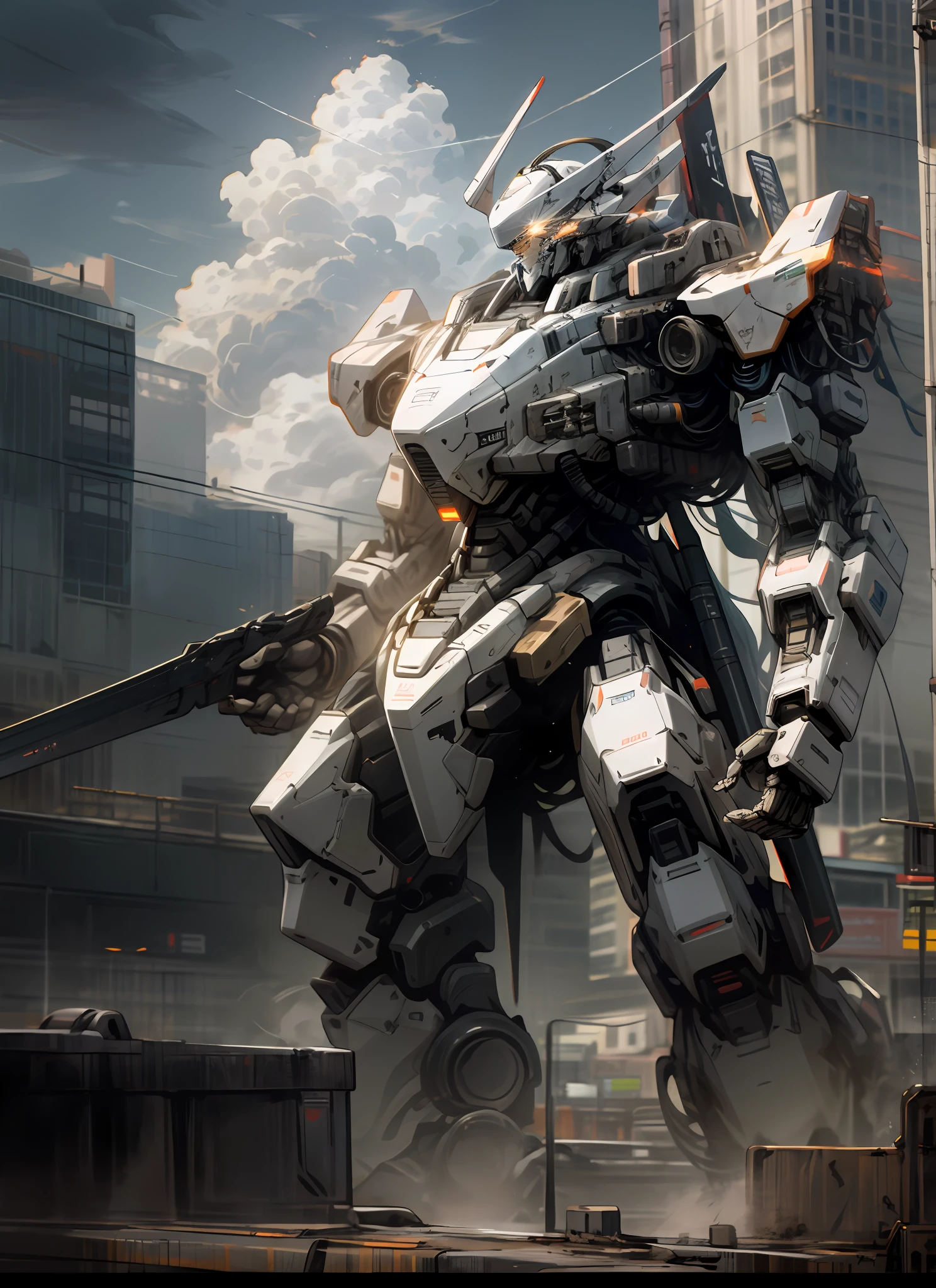 sky, cloud, holding_weapon, no_humans, glowing, , robot, building, glowing_eyes, mecha, science_fiction, city, realistic,mecha