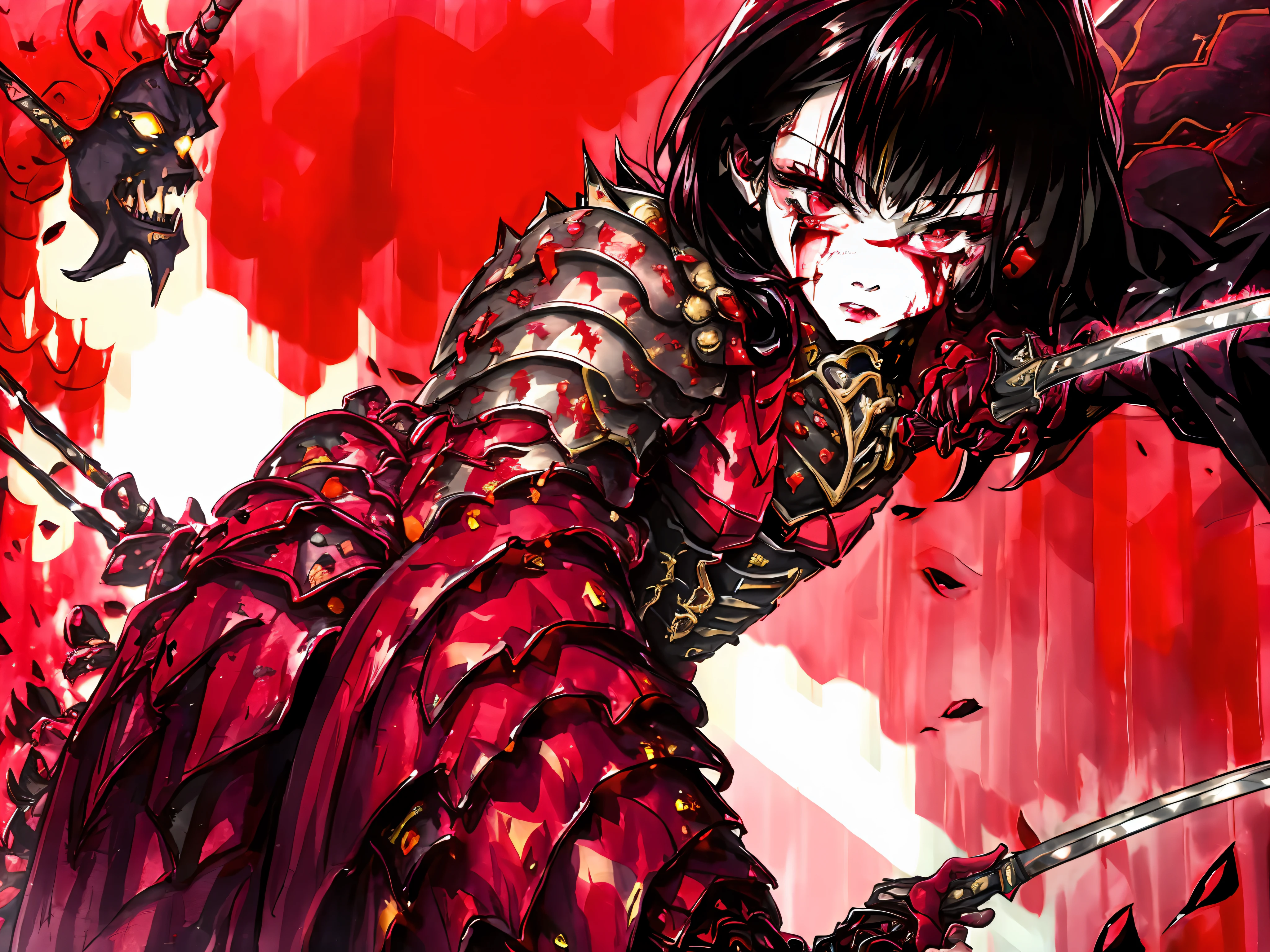 heavily armored muscular woman stabbing her opponent in a sword match, in daisy field, stabbed opponent visible, in motion, thousands of blood splatters in air masterpiece, best quality, ultra high res, beautiful, visually stunning, elegant, incredible details, dark art, (dark red theme:1.3), award-winning painting, crying blood, monochrome