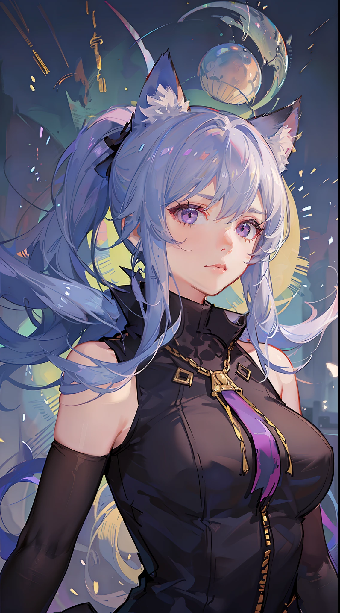 Adult woman, dark purple hair, low ponytail, golden eyes, cat ears, Killer Form, Sleeveless, anger, Masterpiece, hiquality