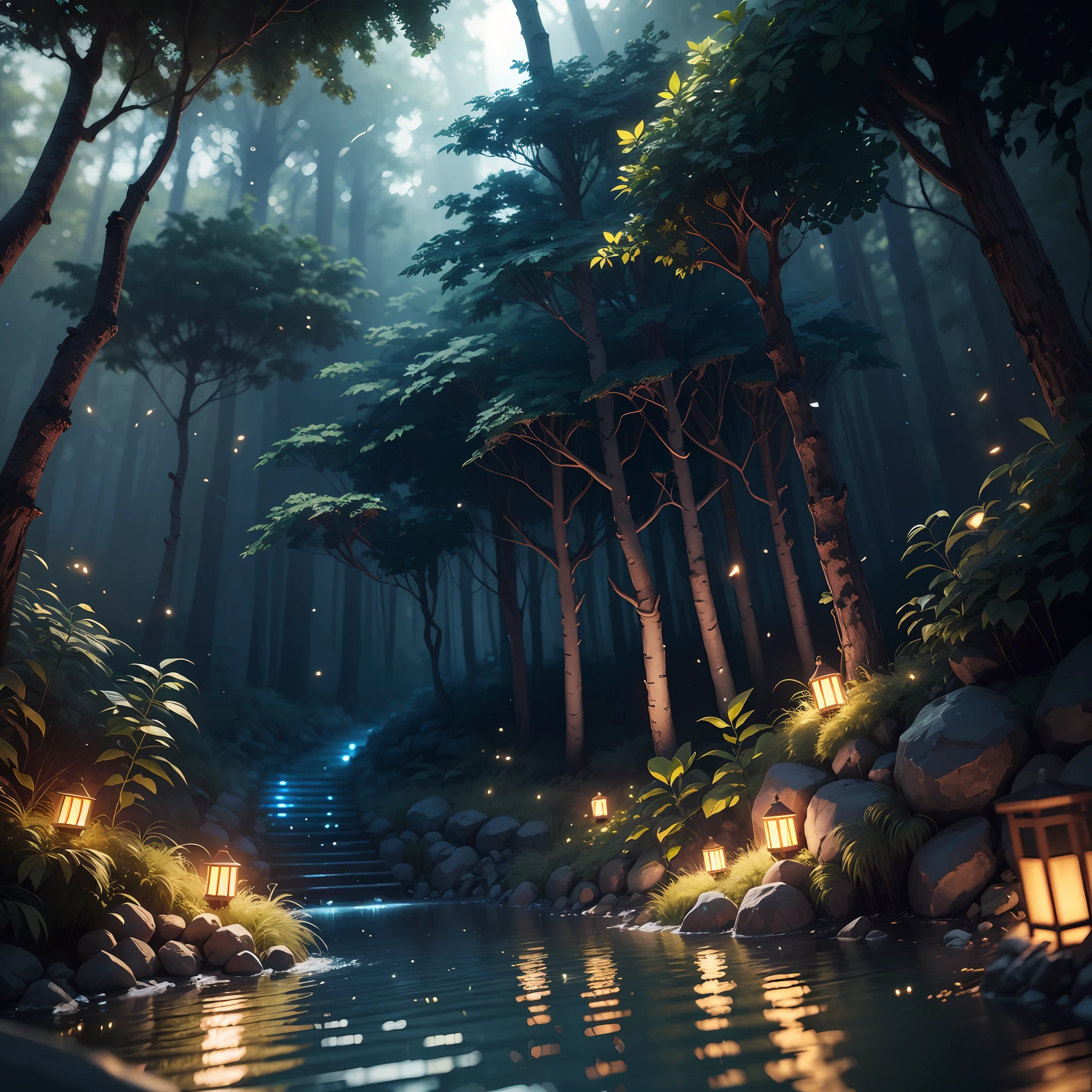 Masterpiece, best quality, (very detailed CG unity 8k wallpaper), (best quality), (best illustration), (best shadows), glow sprite, with a glowing deer, in the swimming pool Drinking water, natural elements in the forest theme. Mysterious forest, beautiful forest, nature, surrounded by flowers, delicate leaves and branches surrounded by fireflies (natural elements), (jungle theme), (leaves), (twigs), (fireflies), (particle effects) etc. 3D , Octane rendering, ray tracing, super detailed --auto