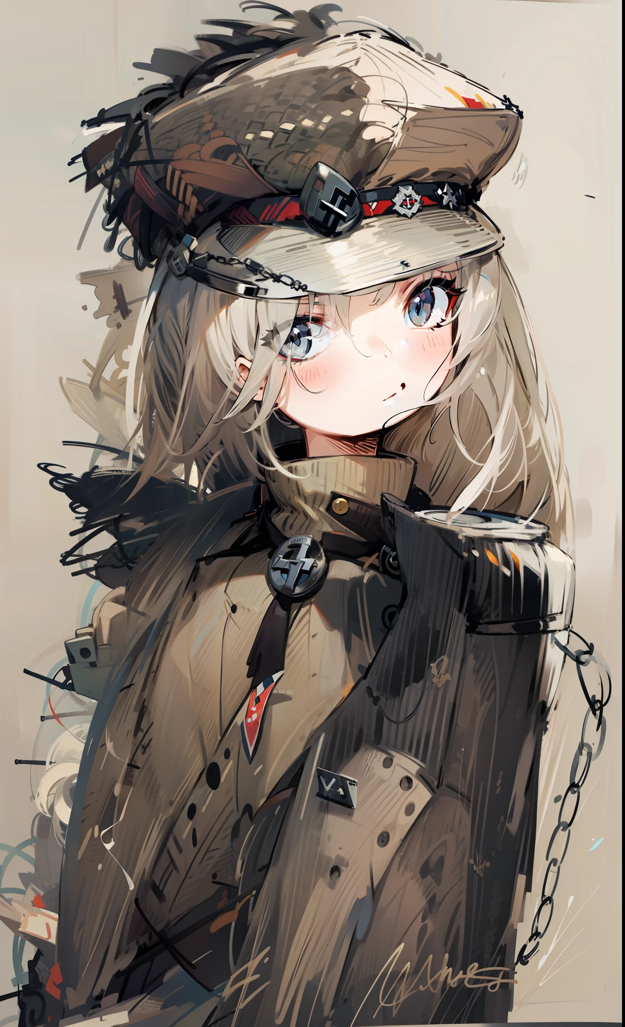 Nazi military cap uniform，Light gray hair，Dark gray eyes，handcuff，shawl，tmasterpiece，Need