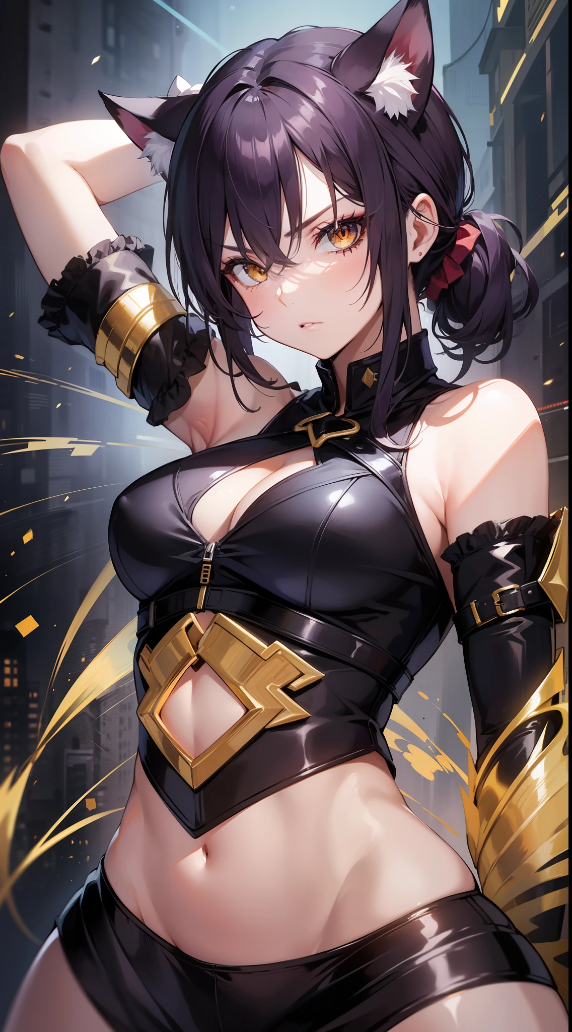 Adult woman, dark purple hair, low ponytail, golden eyes, cat ears, Killer Form, Sleeveless, anger, Masterpiece, hiquality