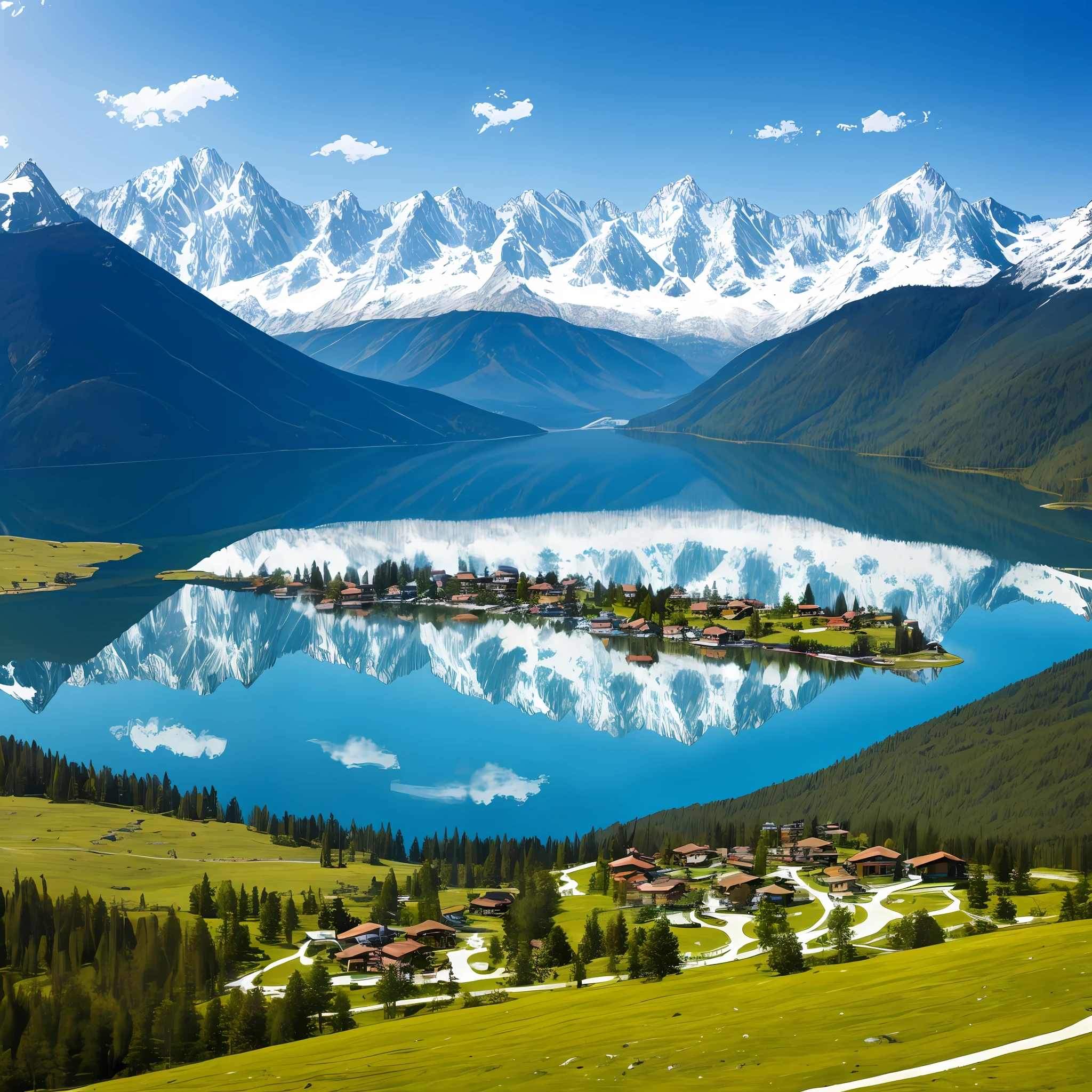 Snow-capped mountains, lakes, grasslands, villas, subarctic climate, forests --auto