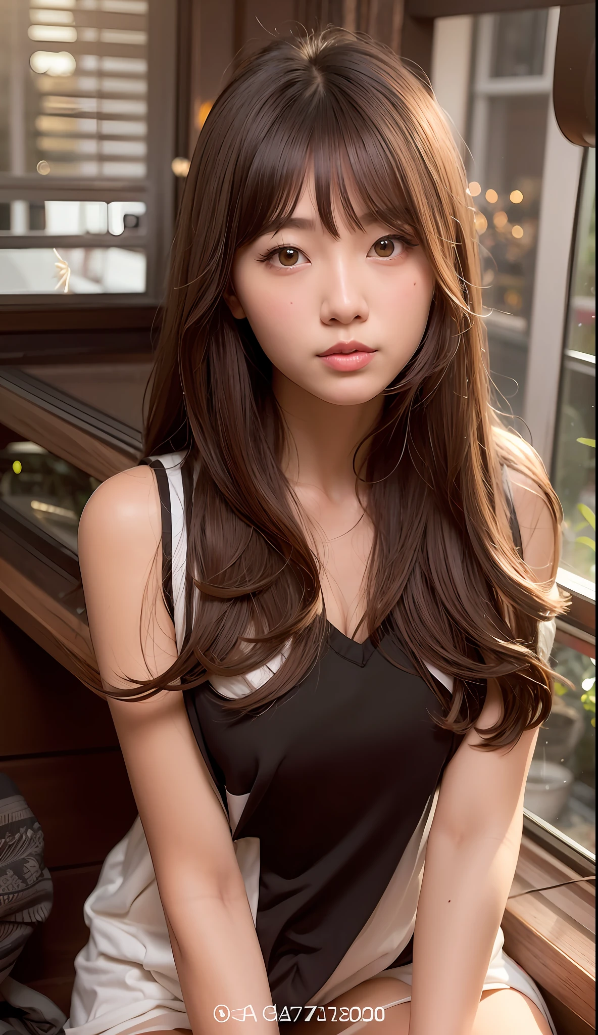 Close-up of a woman sitting on a windowsill near a window, Asian girl with long hair, white hime cut hairstyle, With long hair, Korean girl, beautiful Korean women, ulzzangs, Gorgeous young Korean woman, girl cute-fine face, large eyes and flowing long hair, ilya kuvshinov with long hair, Brown hair long,By bangs