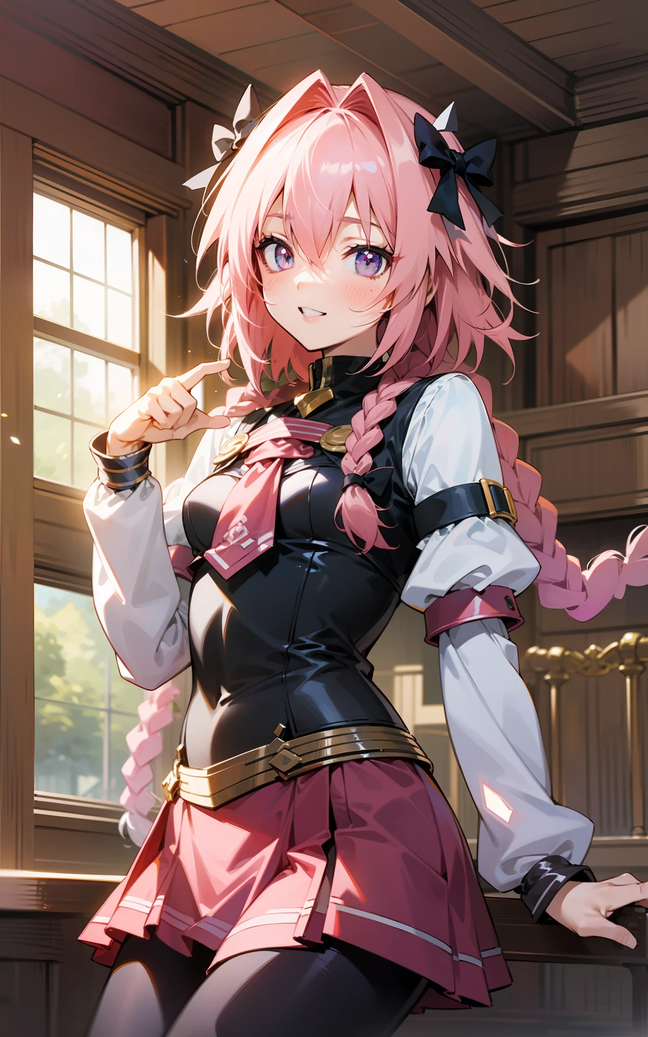 top-quality、hight resolution、detaileds, astolfo、Drawn by an anime studio、Inside a bright amusement park、Long braids、