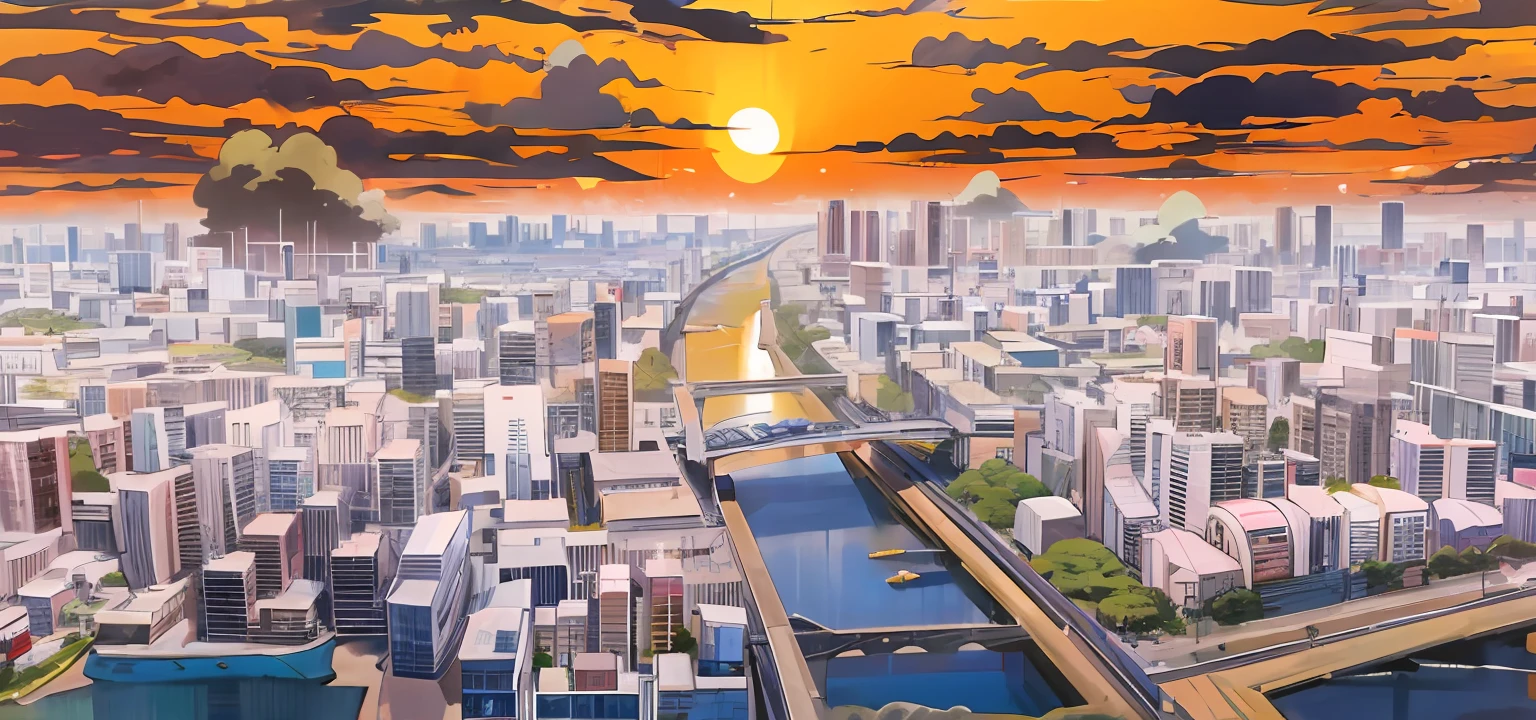 Anime City，There is a bridge and a river in the middle, anime style cityscape, hd anime cityscape, tokyo anime anime scene, rio de janeiro in an anime film, tokio futuristic in background, sunrise over solarpunk city, Anime landscape concept art, Anime landscapes, from akira ( 1 9 8 8 ) Style, neo tokyo background, tokyo - esque town, Japan city