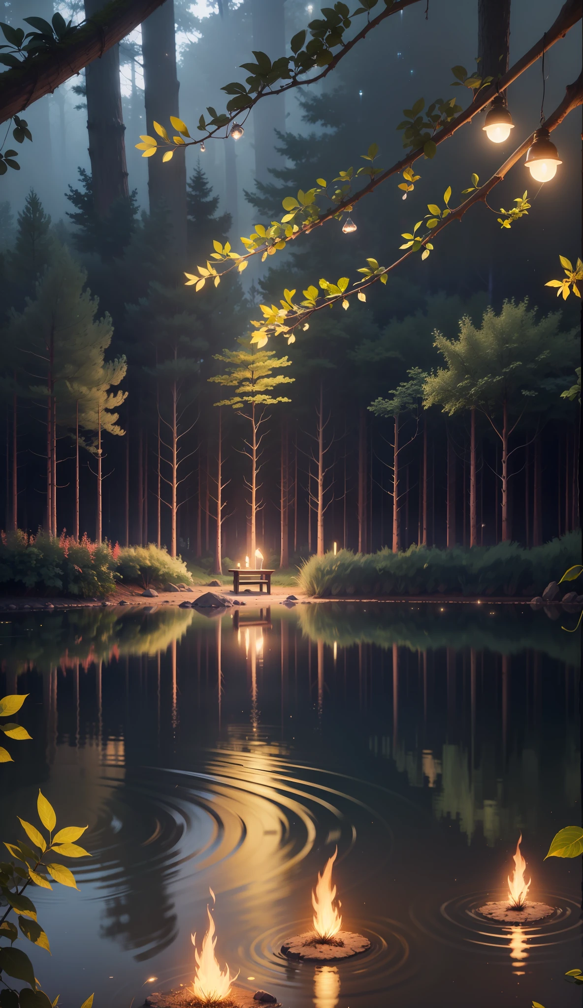 There is a reflection of light on the surface of the lake，reflection on the lake，The lake is clear，There are fireflies in the forest，volumettic light，8K，There are  girls on the shore