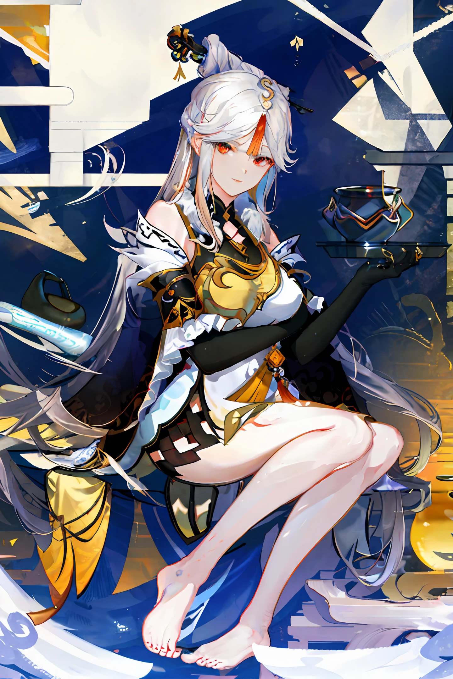 Genshin character official staring white hair red eyes bangs hair accessories gorgeous elegant Genshin impact （Wallpapers masterpiece of the best quality）Barefoot, soles of feet facing the screen, holding a pipe all the time, medium breasts, rich woman！！