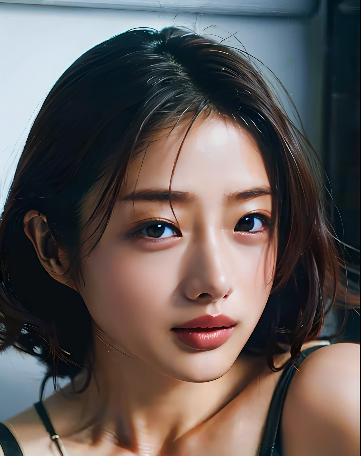 ((Top Quality, 8k, Masterpiece: 1.3)), 1 Girl, Beauty with Slender Abs: 1.3, (Dark Brown Hair, Big: 1.2), Wet Body: 1.2, Bathroom, Super Detail Face, Detail Eyes, Double Eyelids