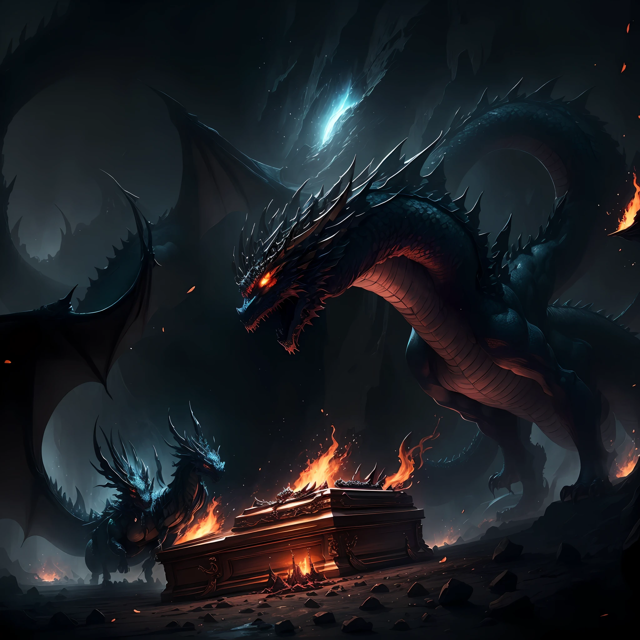 A masterpiece in HD CG,Top image quality,Extreme refinement,Present a beautiful void scene!Tell mysterious stories,Nine male dragons gently pulled the giant coffin,Move forward slowly,With the brilliance of the surroundings,This strange scene gradually appeared in the void。