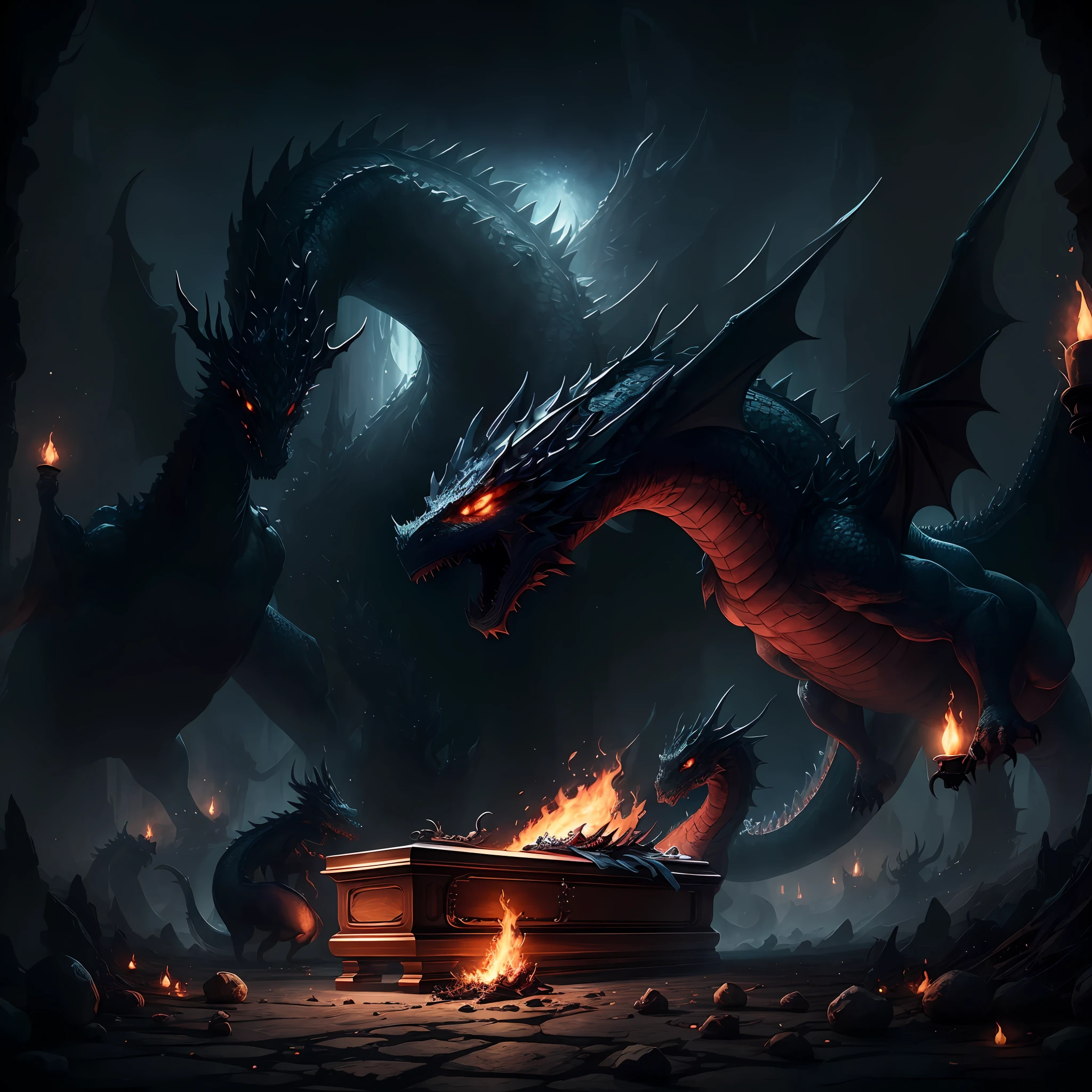 A masterpiece in HD CG,Top image quality,Extreme refinement,Present a beautiful void scene!Tell mysterious stories,Nine male dragons gently pulled the giant coffin,Move forward slowly,With the brilliance of the surroundings,This strange scene gradually appeared in the void。
