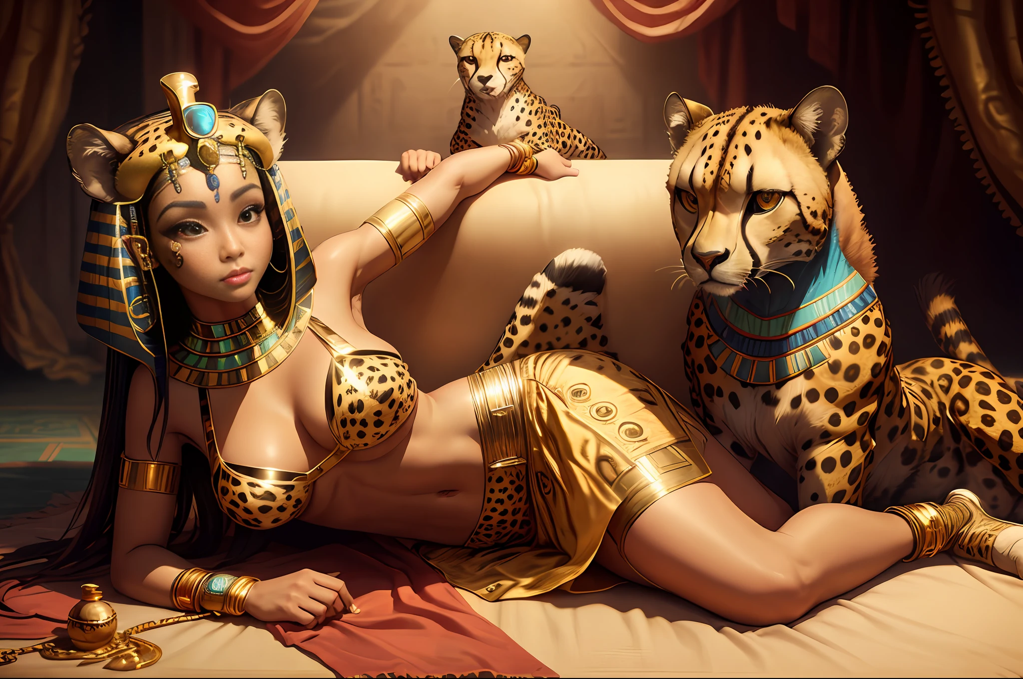 (sfw), panorama, ((best quality)), ((masterpiece)), (small detailed), (high-resolution:1.2), (bilateral symmetry:1.5), epic historical shoot, ancient shoot, 
 a shoot from ancient Egypt, brimming with gold, precious gems, and magnificent drapery, beauty, 
(1girl and 1Cheetah:1.4) , ( beautiful egyptian queen pharaoh  Cleopatra half-lying resting on sofa:1.3), Lying on the side, (with a Cheetah next to her:1.3), put her palm on the jaguar,      sphinx, on golden sofa,    nice face, busty, large breasts, slim waist,  thick thighs, beautiful hips, nice knees and foot, slim golden chains,   dark skinned, dark hair, short hair, open beautiful tummy, detailed open legs, golden underboobs, chests-straps, covered nippleslips,  golden silk thong, furr loincloth,     full body view, resting pose, proud and majestic,      detailed Cheetah, detailed girl face,