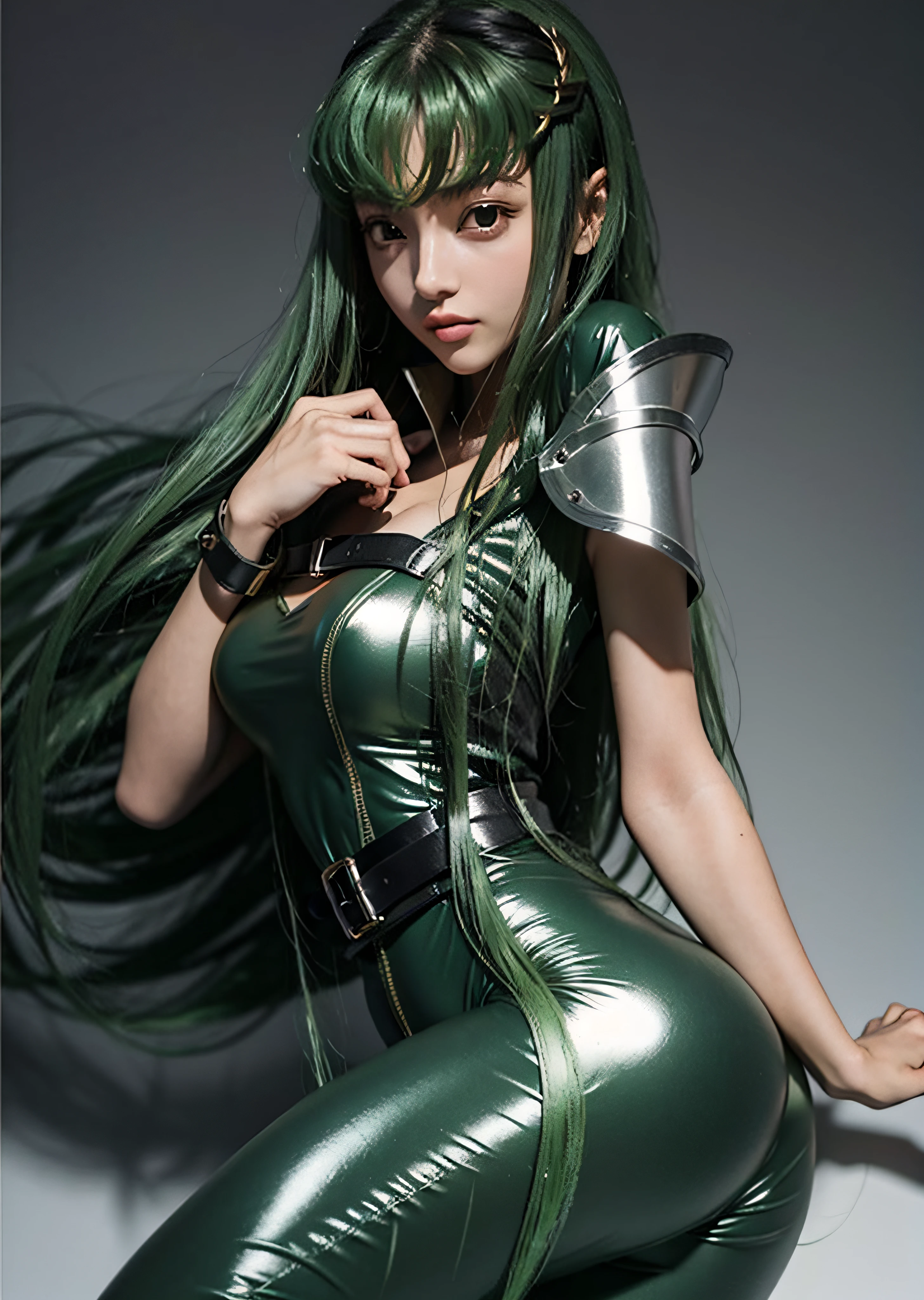 c.c., wavy hair, masterpiece, code geass, very long green hair, shiny metal plate, see-through silhouette, (naked:1.0), (see-through colorless bodysuit:1.0), sticking out breasts on the belt, exposed ass, best anime sexy girl, 1girl,