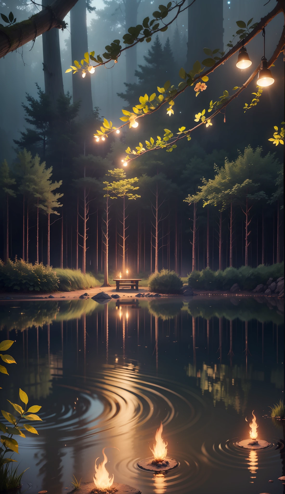 There is a reflection of light on the surface of the lake,reflection on the lake,The lake is clear,There are fireflies in the forest,volumettic light,8K,There are little girls on the shore