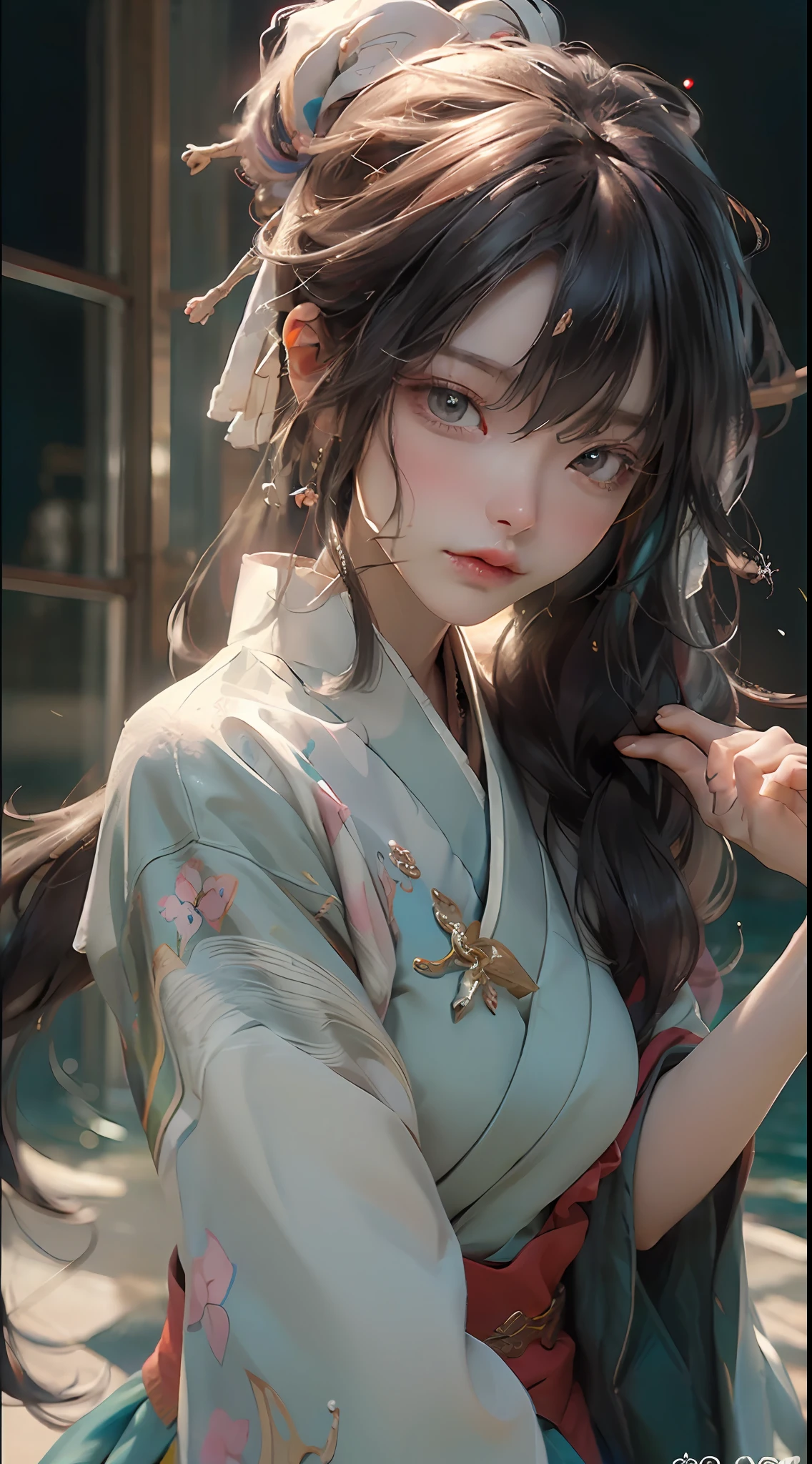 (8k, RAW photo:1.2), best quality, ultra high res,dramatic angle,(fluttered detailed color splashs), (illustration),(((1 girl))),(long hair),(rain:0.9), (头饰:1.4),少女身边有一座古宫,汉服,(重点),彩色水墨画,(泼彩),泼彩,(((colorful))),(素描:0.8) , Masterpiece, best quality, beautiful painted, highly detailed,(denoising:0.6),[splash ink],((ink refraction)), (beautiful detailed sky),moon,highly,detaild,(masterpiece, best quality, extremely detailed） CG unity 8k壁纸，杰作，最好的质量，超详细），（石蒜），