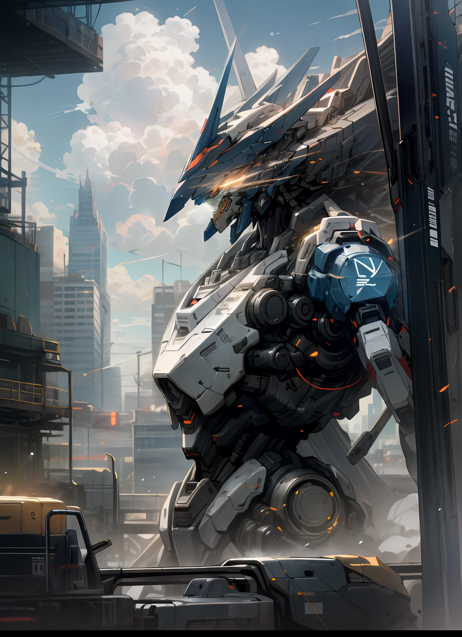 Sky, Clouds, holding_weapon, no_humans, Glow, Robot, Architecture, glowing_eyes, Mecha, Science Fiction, City, Reality, Mecha, 8K