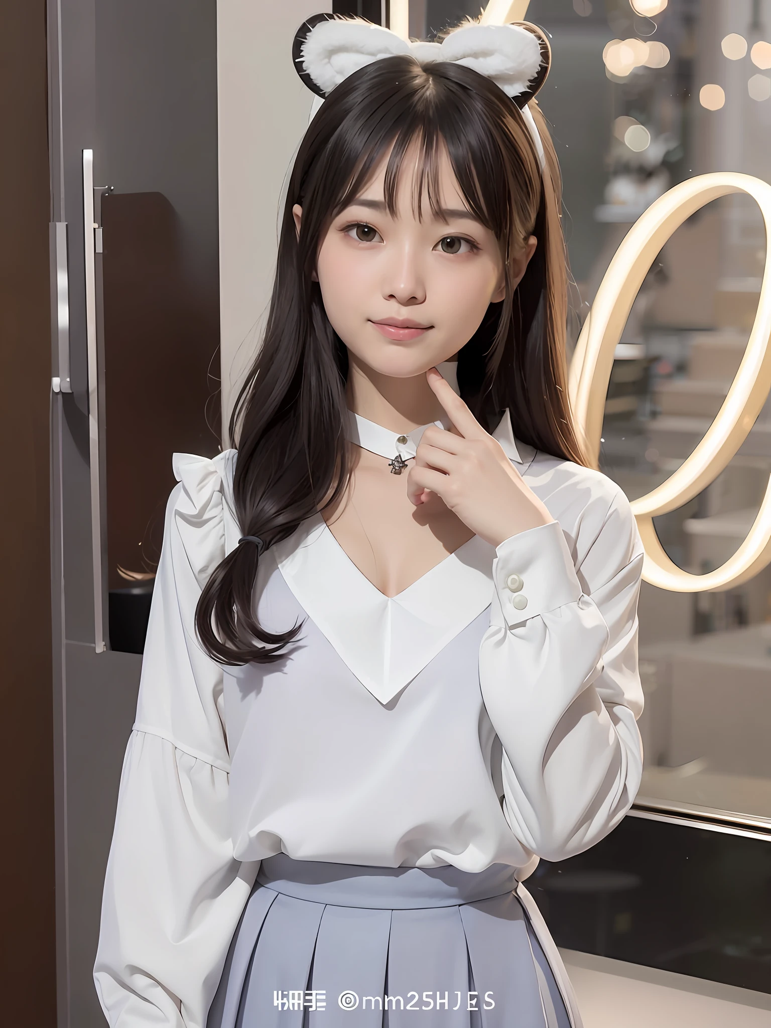 a close up of a woman in a white shirt and grey skirt, white hime cut hairstyle, smooth white tight clothes suit, White blouse, wearing white v - neck top, wearing shirt, white trendy clothes, White Hanfu, White color, In a white blouse shirt, loose coat collar sailor uniform, Korean girl, fine white shirt, young and cute girl
