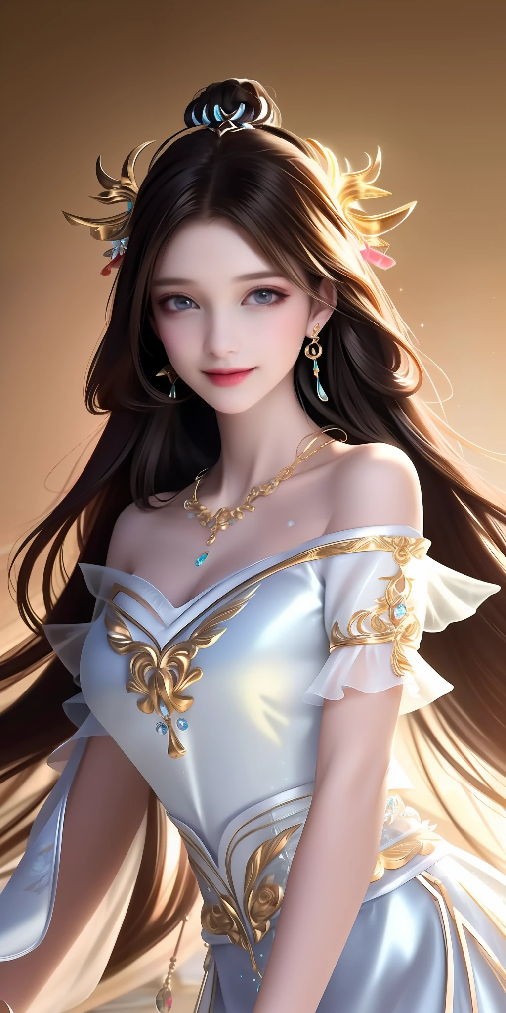 Best quality, masterpiece, high resolution, 1girl, clear silk porcelain dress, beautiful face, hair accessories, looking at the audience, smiling, close your mouth, lips, dress, hair accessories, necklaces, jewelry, long hair, earrings, beautiful face, on the body, Tindal effect, realism, dark studio, edge lighting, two-tone lighting, (high detail skin: 1.2), 8k UHD, DSLR, soft light, high quality, volumetric lighting, photo, high resolution 4K, 8k, blurred background