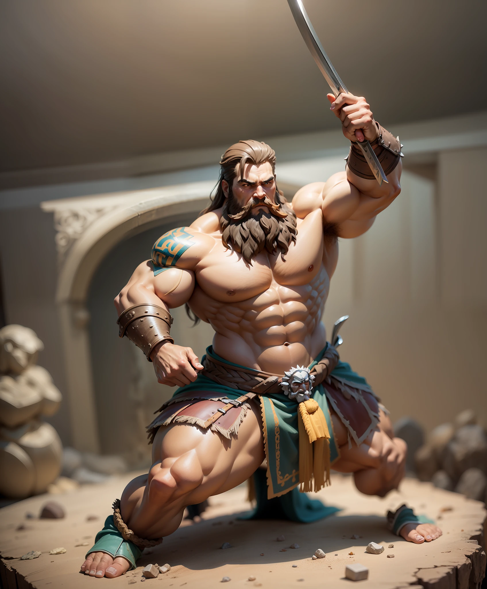 Escultura grega branca de um peludo, bearded barbarian warrior