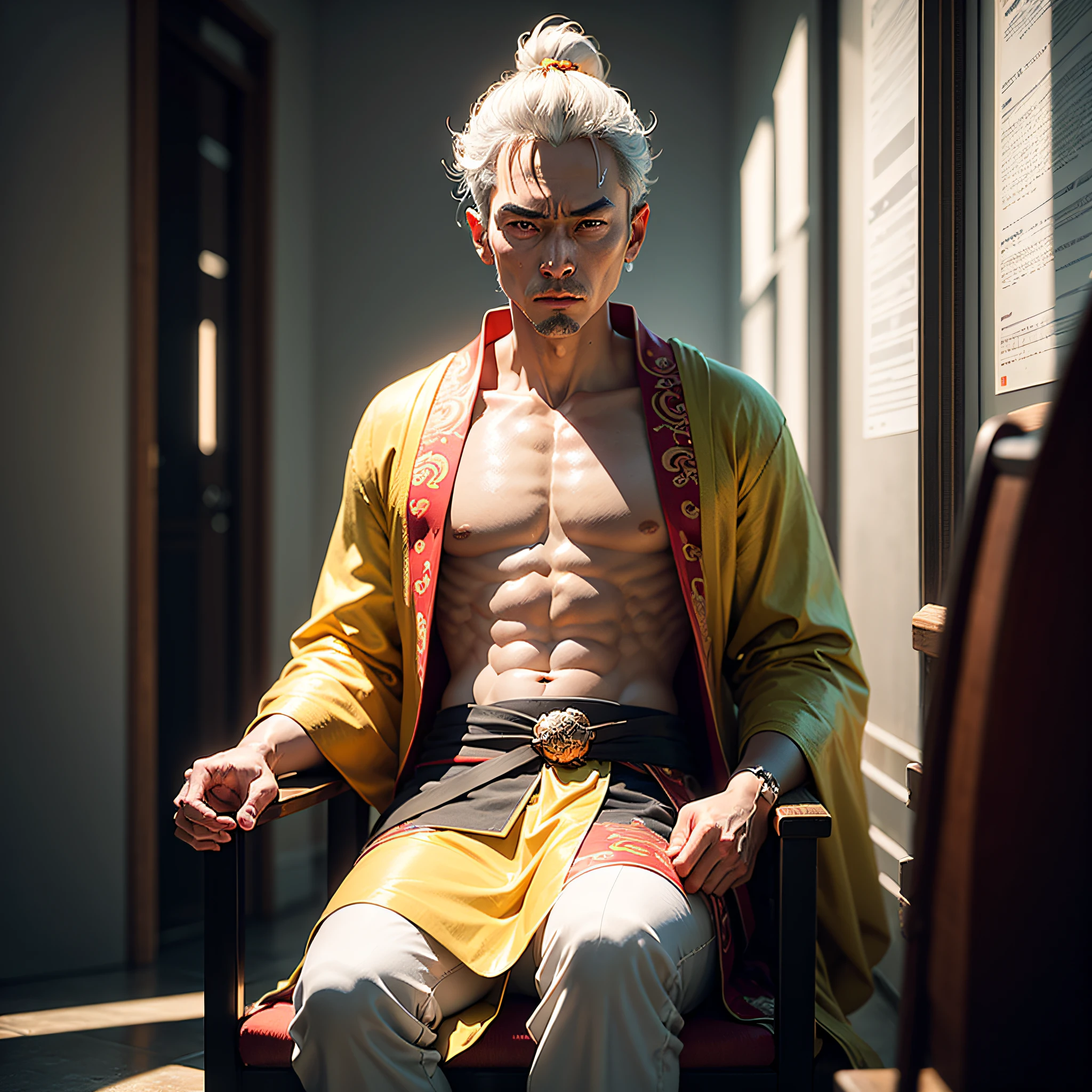 Emperor of China,Tang Dynasty era,Majesty,Burly,Sit on the dragon chair,Wearing a yellow dragon robe,hyperrealistic 3 d render,Ray traching, NVIDIA RTX, Hyper-Resolution, Unreal 5, Subsurface dispersion, PBR Texture, Post-processing, depth of fields, Maximum clarity and sharpness, Many-Layer Textures, Accurate simulation of light-material interactions, perfectly proportions,rendering by octane,twotonelighting,largeaperture,Low ISO,White balance,trichotomy,8K raw data, (Masterpiece+Best quality+high detal), Marvel at the pose,An authentic representation of award-winning photography+Reproduce the best visuals, perfect shot, Clear focus, Depth of field。 --auto