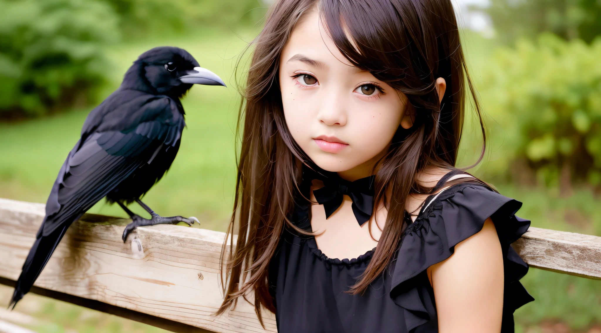 CHILD girl with a black bow and a black dress, girl with dark brown hair, girl with brown hair, black hair ribbons, a beautiful -age l, wearing hair bow, young girl, brown hair and big eyes, half-length photo, photo of young woman, young, beautiful girl, she is about 1 6 years oe is a black bird sitting on a wooden rail, long shiny thick black beak, closeup of a crow, cute crows, crows as a symbol of death, crow, crow bird, magpie, crow portrait!!!, black crow, dark crow, is looking at a bird, crows, male, crow, beautiful photo, closeup portrait shot, proud looking away, by Paul Bird