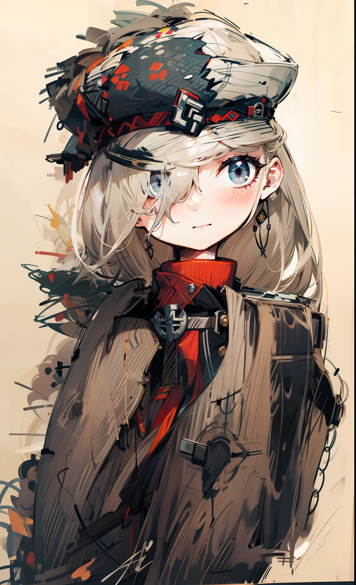  military cap uniform，Light gray hair，Dark gray eyes，handcuff，shawl，tmasterpiece，Need