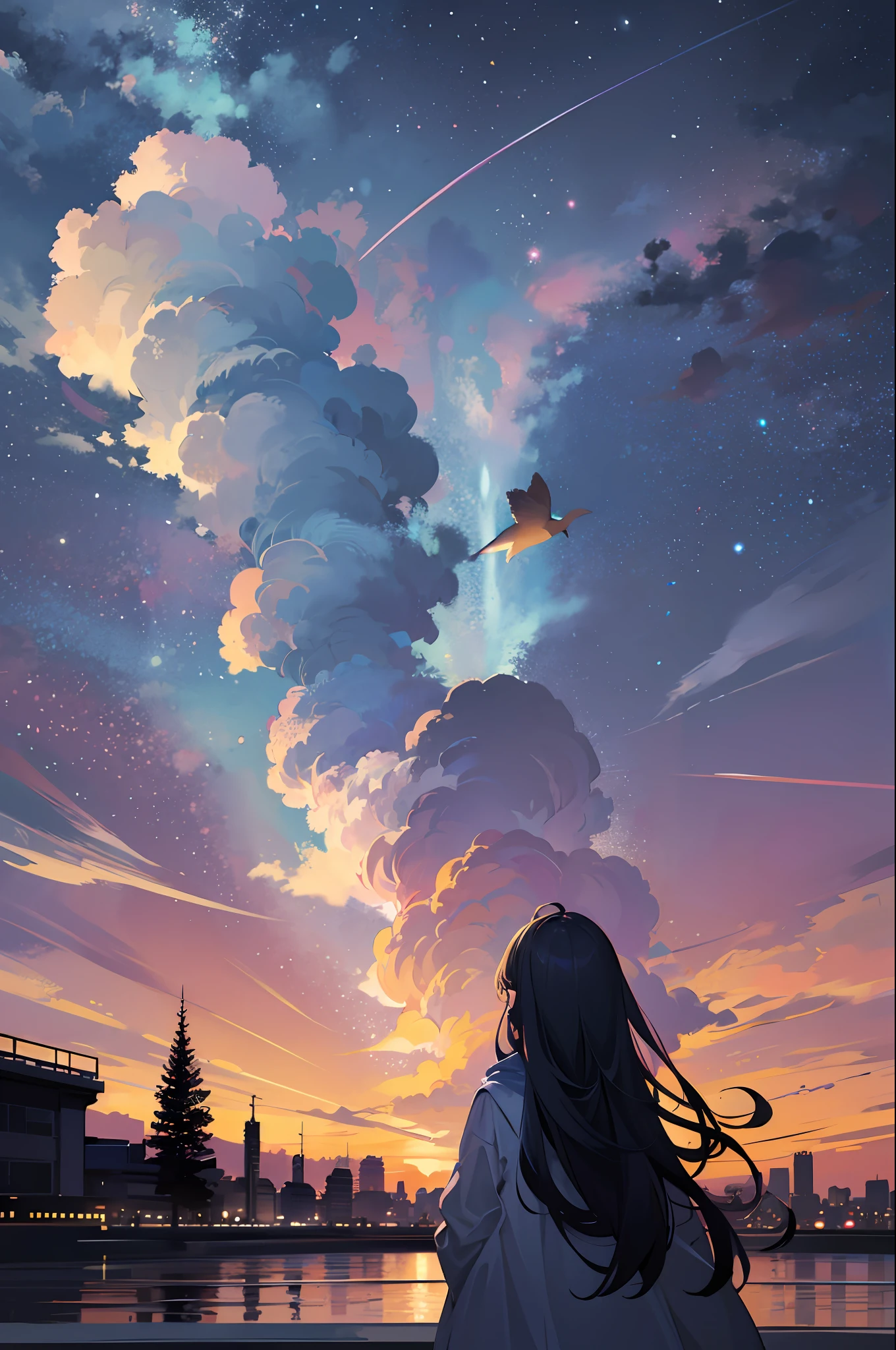 octans,Skysky,As estrelas(Skysky),scenecy,starrysky,the night,1girl,nigh sky,独奏,exteriors,buliding,clouds,galactic,sitted,The tree,Long hair,城市,siluette,view over city,cute female child