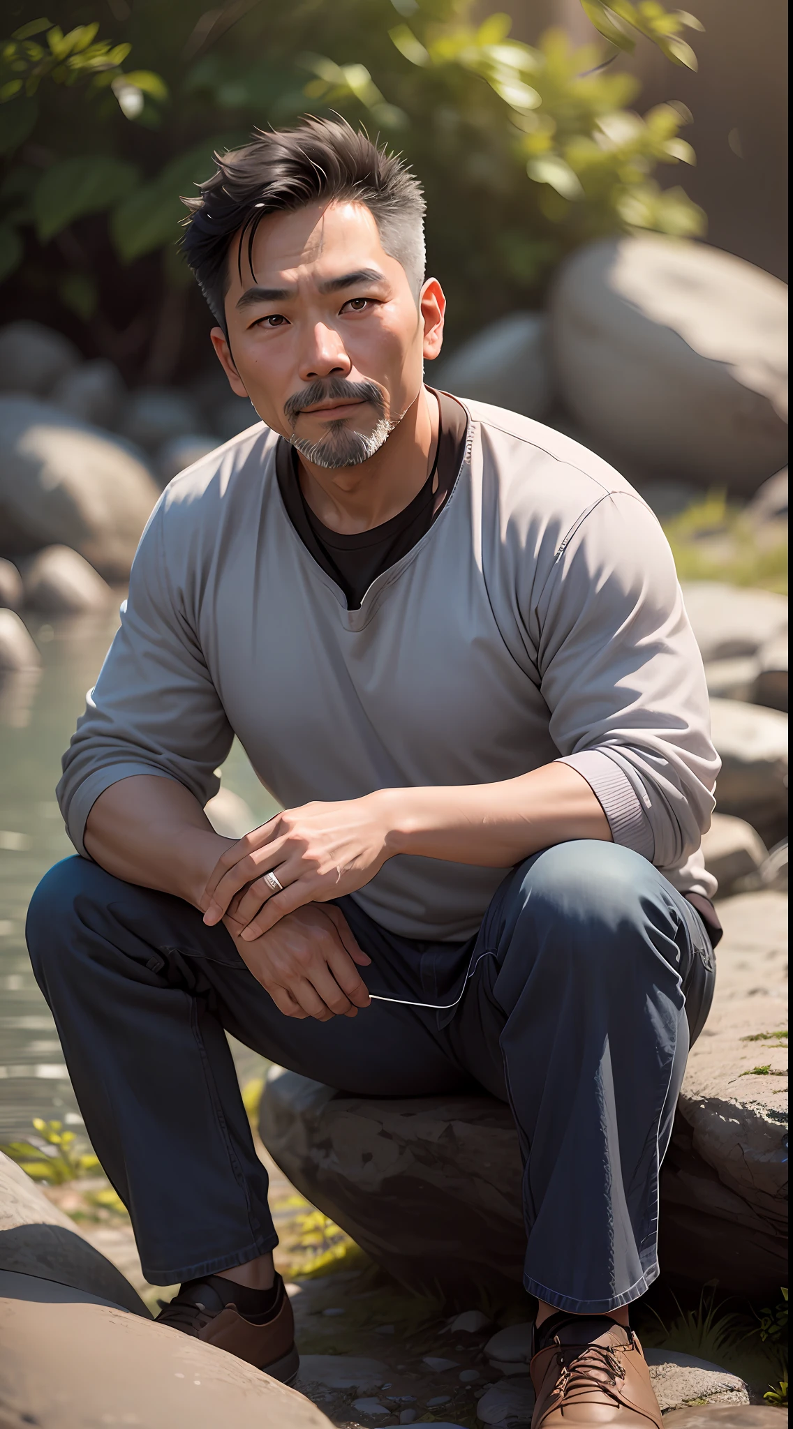 An asian man, man in his 40s, beard, slightly gray hair, brown eyes, sitting on a rock, 50mm lens portrait photo, 50mm portrait, 50 year old old man, photo man, sony a7r photo, 8k portrait, sony alpha 1 . camera