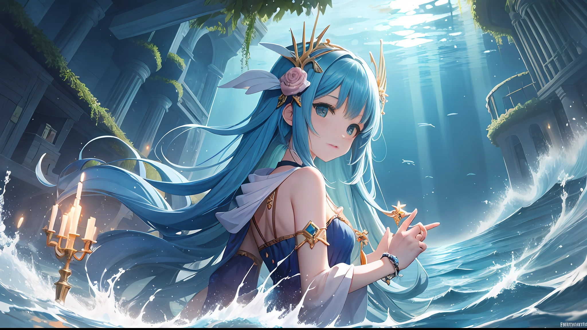 hyper HD,HighestQuali,Lots of detail,A masterpiece,Beautiful and noble mermaid princess,Sit on a white crystal shell,Comb hair with blue crystal,The action of combing your hair,The expression is sad and sad,wide wide shot,Show the endless ocean,fully body photo。