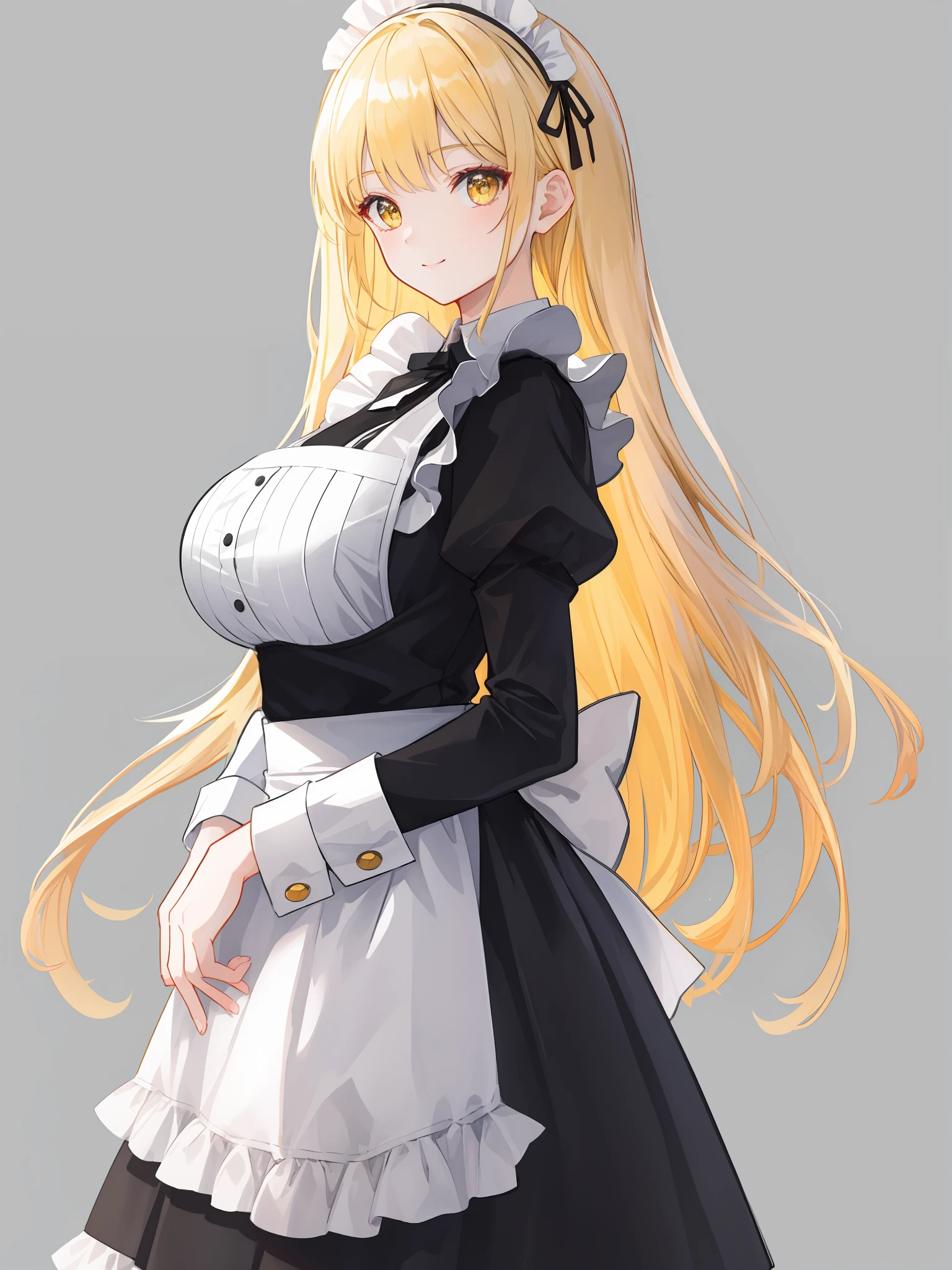 masterpiece,best quality,official art,extremely detailed CG unity 8k wallpaper,huge_filesize,(simple_background:1.1),(mature female:1.1),maid,long hair,blonde hair,  straight hair,beautiful detailed eyes,yellow eyes,light smile,looking to the side, close to viewer