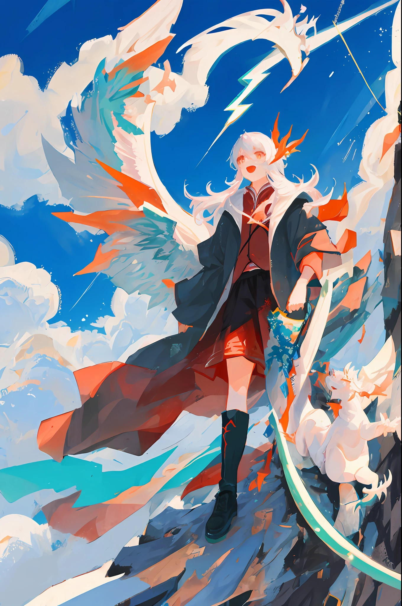 White dragons soar into the sky。Blue lightning bolts sprayed in the mouth。