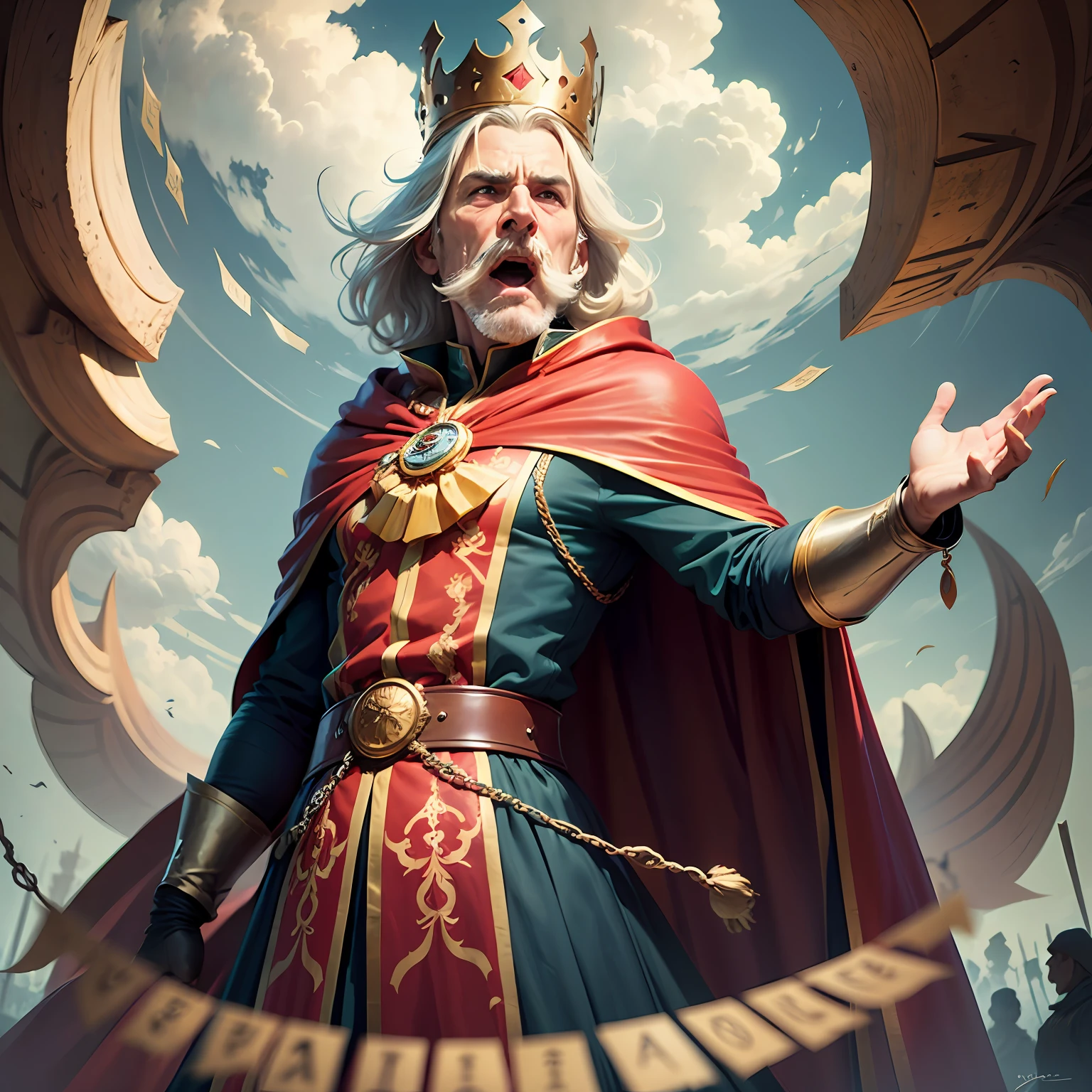 Italian fairy tale. 1200 years. Fruit Lemon with a face, a ruthless, evil, greedy and cruel ruler who does not care about his people. Standing on the podium and waving his arms. Thin long mustache. On the head is a small crown. Looks at everyone from top to bottom and yells slogans. Yellow royal clothes, with an award wide ribbon with orders. Red cape-cloak. Red high boots. Cartoon in the style of Disney Pixar. super photorealistic. Pastel muted colors. Urban blurred background, blue sky and clouds. DVD --auto --s2