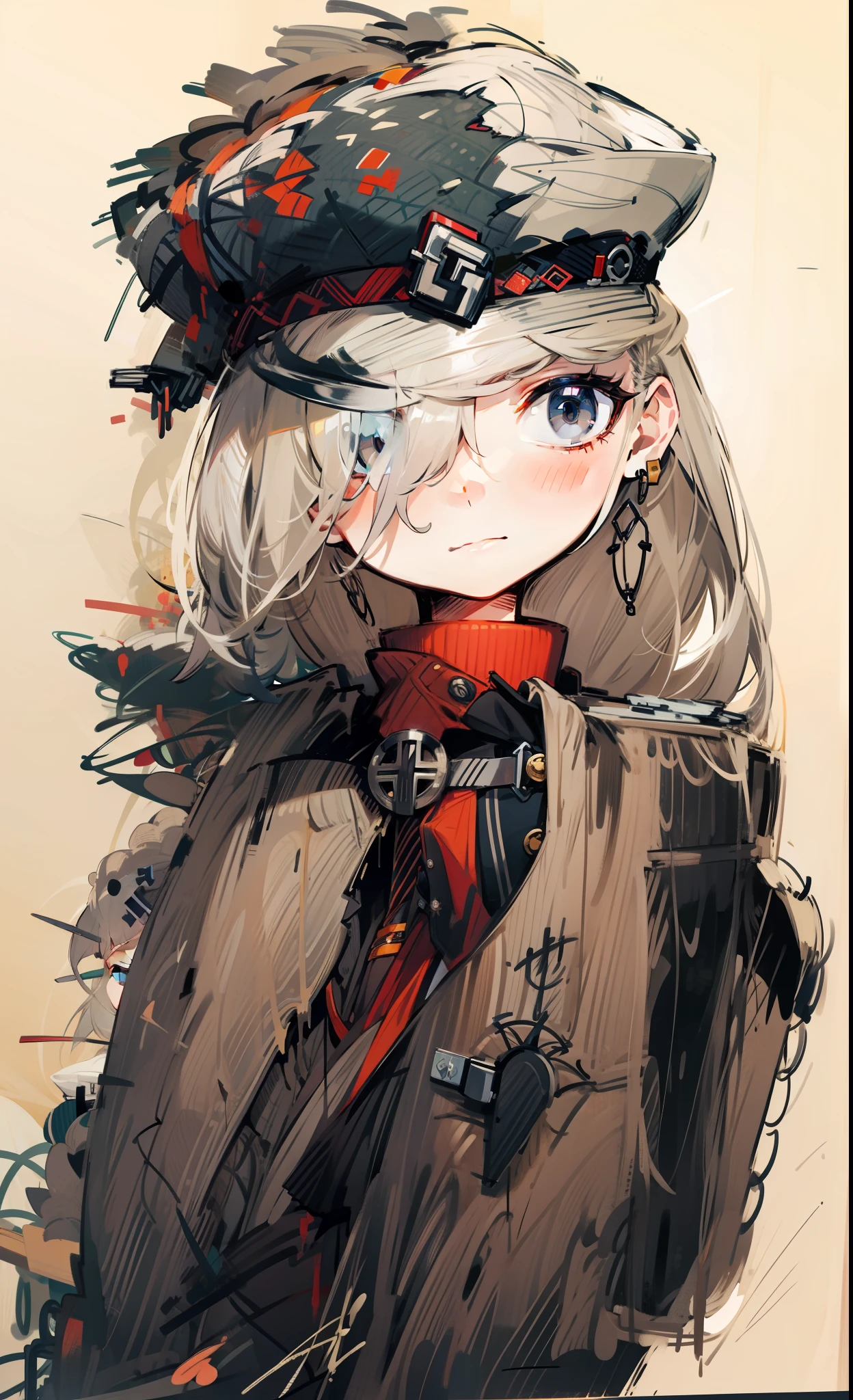 Nazi military cap uniform，Light gray hair，Dark gray eyes，handcuff，shawl，tmasterpiece，Need