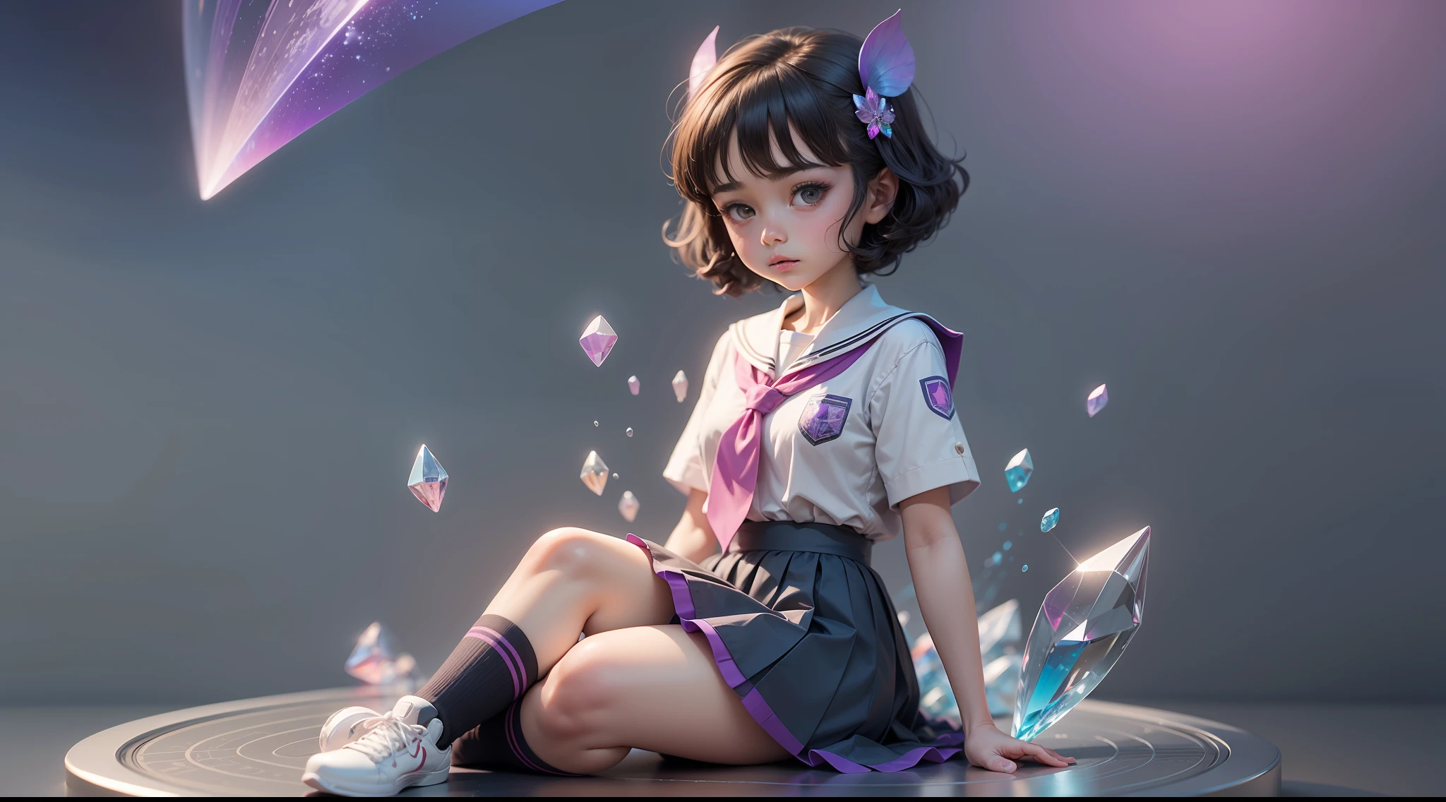 Q version of cute beautiful girl，Dumb cute，duck sitting，（Big eyes），Small mouth，（（（with short black hair，Braid））），looking at me，（JK school uniform，Meticulous portrayal），（（Figures，blindbox）），（（Colloidal material，crystal-clear，Good light transmission）），（Disney style），high qulity，high detal，（super-fine），16K resolution，（Overlooking），（Macro lens），（（Works of masters）），（（Full body like）），（（solid color backdrop）），pink lighting，（（（Round thick base：1.3，Graphical model basics））），（Ray traching），（（Blue and purple majority）），（（（glass cover）））