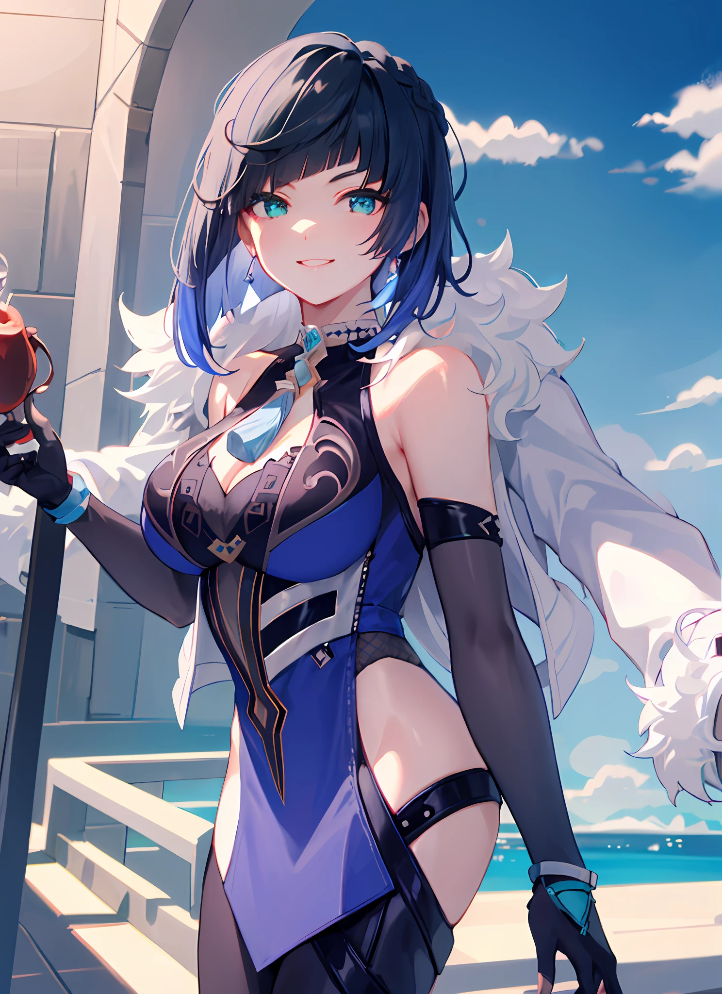 yelendef,The upper part of the body,ssmile,Be red in the face,exteriors,In the daytime,simple backgound,blue-sky,short detailed hair,Skysky,temple,looking at viewert,stairways,mont,moody light,face to the viewer,Popping breasts Open placket