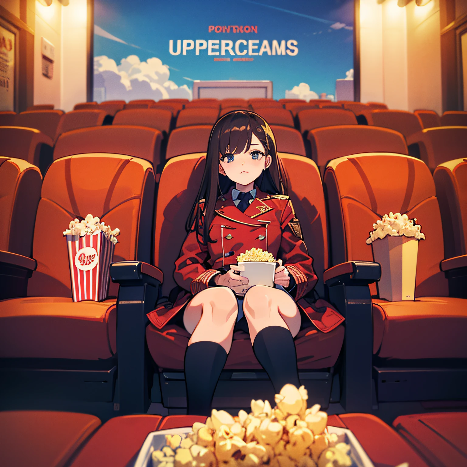 Redcoat,brunette color hair,teens girl,popcorn,movie theater,Red seats,Billboards read "Left Bank",The upper part of the body,There is only one person,watching a film --auto