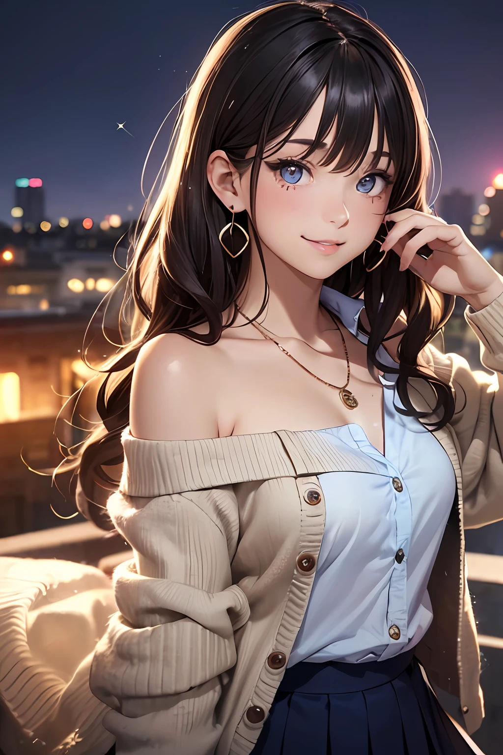 (masutepiece: 1.3), (max resolution: 1.2), (Ultra HDTV: 1.2), cinema lite, Ultra HDTV, (Detailed eyes and skin), (detailed facial features), ultgp, 8K resolution, Sharp Focus: 1.2, Perfect Style, Beautiful Face, accurate, Anatomically correct, Highly detailed face and skin texture, Detailed eyes, Dark-blue eyes, Double eyelids, Thin eyebrows, dropping eyes, (Glitter Eyeliner:1.2), Natural cheeks, Glossy skin, (Fair skin:1.2), shiny necklace and earrings, (Glossy lips: 1.4), break, absurderes, One-person viewpoint, (she is high school Student), (Wearing a Button up shirt, knit Cardigan, Pleated mini skirt), ((off-shoulder:1.3)), (shy smile:1.2), ((Innocent and very cute girl:1.3)), (Layered hairstyle, Wavy Hair), (Dark brown hair:1.2), Medium Long Hair, (Cowboy shot: 1.2), Focus on Face, medium large breasts, ((A Various of sexy pose on Instagram:1.2)), ((In the School Rooftop at night)),