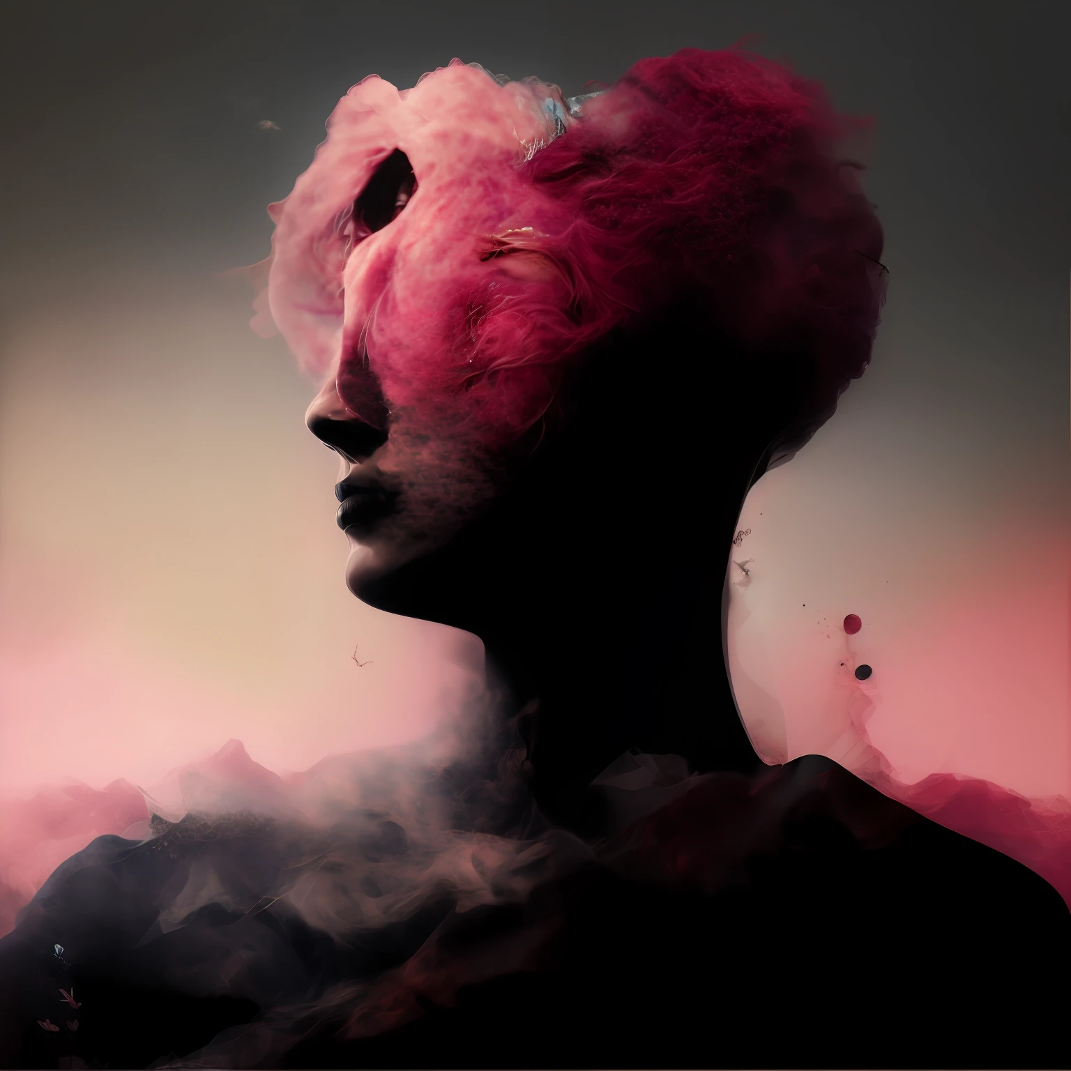 Pintura de una mujer con cabello rosa y una blusa negra, Retrato surrealista, Hermoso retrato surrealista, inspirado por Dan Hillier, Retrato abstracto, Double exposure portrait, Anna Dittman, Polilla Frank, Arte surrealista emocional, by Antoni Pitxot, Silueta humana cristalizada, Silueta humana fractal, Retrato surrealista, by Anna Füssli, Retrato humanoide --auto