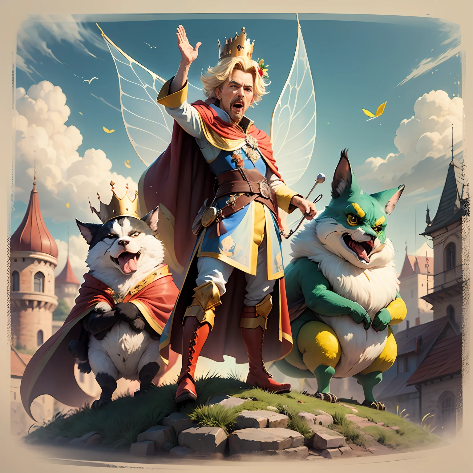 Italian fairy tale. 1200 years. All characters are fruits. Fruit Lemon with a face, ruthless, evil, greedy and cruel ruler who does not care about his people. Standing on the podium and waving his arms. Thin long mustache. On the head is a small crown. Looks at everyone from top to bottom and yells slogans. Yellow royal clothes, with an award wide ribbon with orders. Red cape-cloak. Red high boots. Cartoon in the style of Disney Pixar. super photorealistic. Pastel muted colors. Urban blurred background, blue sky and clouds. DVD --auto --s2